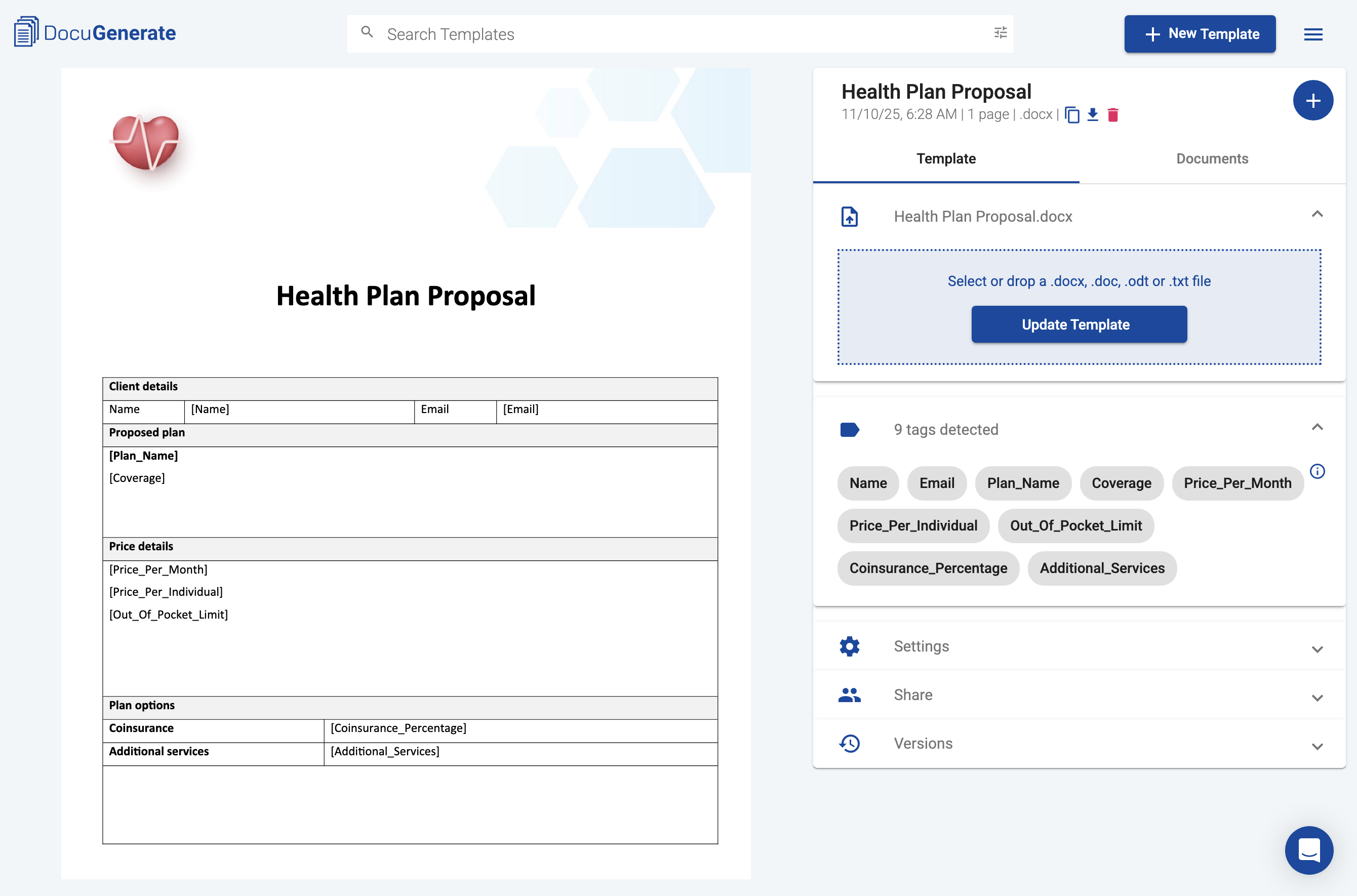 Health Plan Proposal template with merge tags