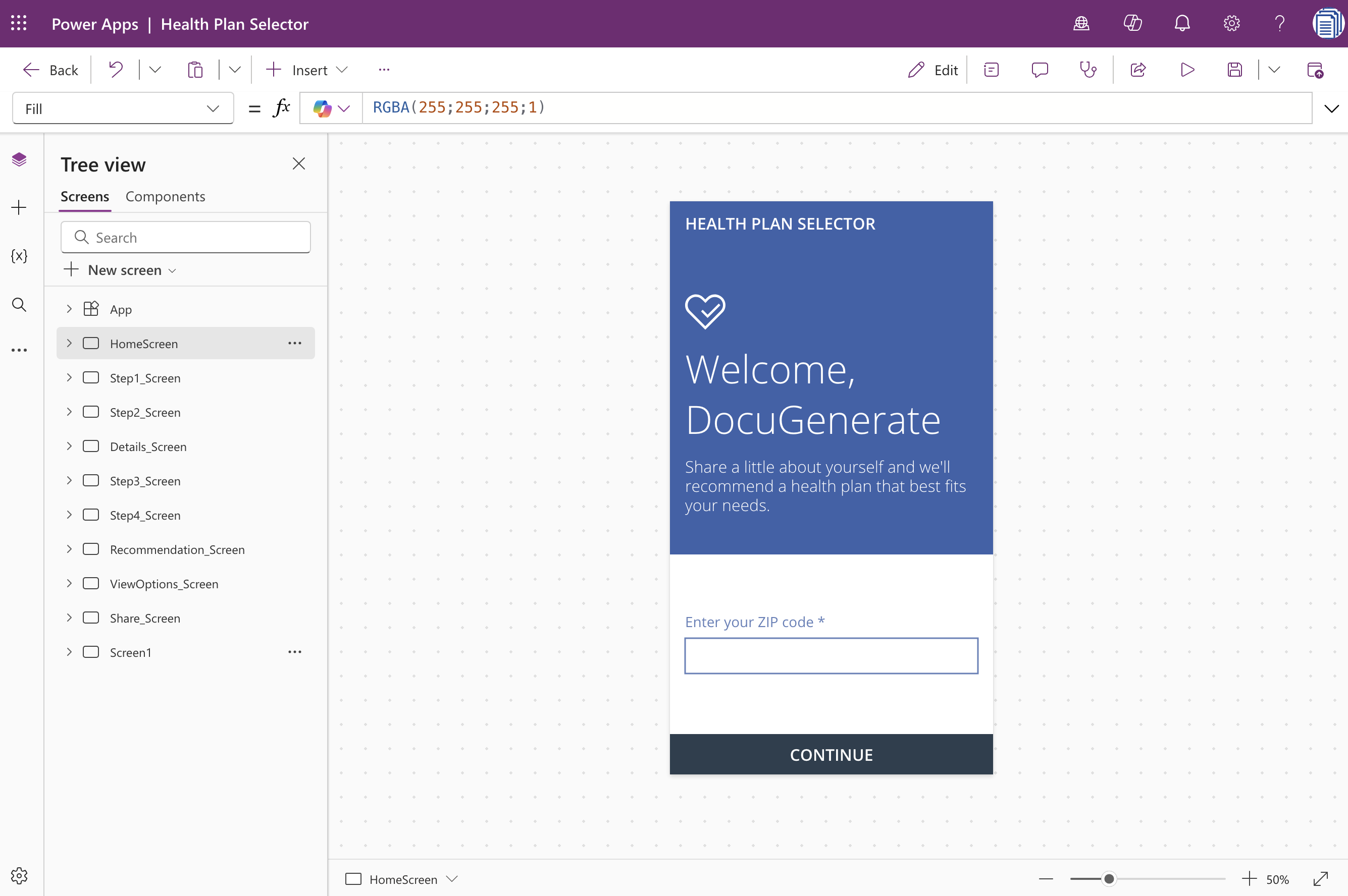 App screens in the Tree view