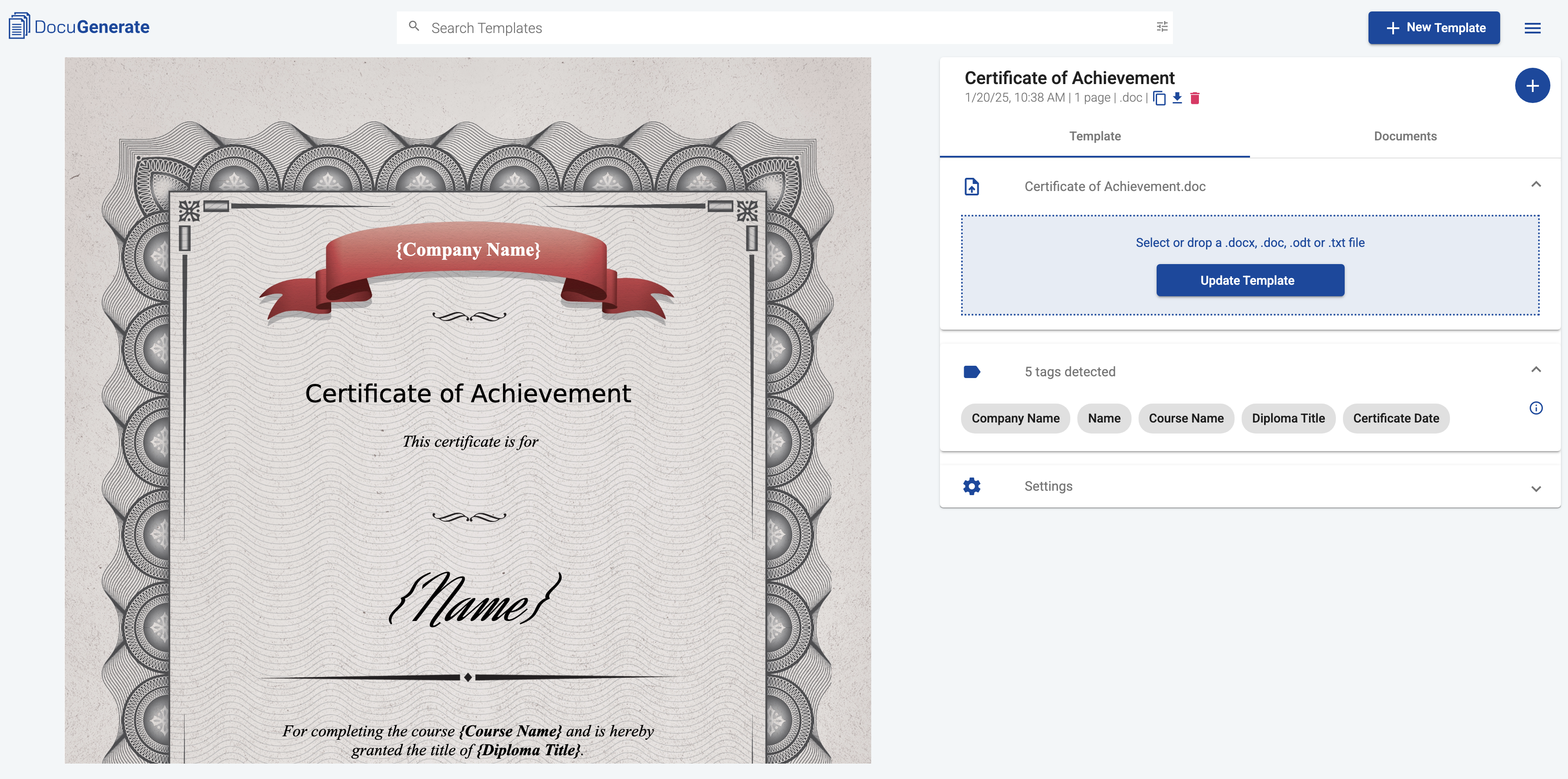 Certificate of Achievement template with merge tags