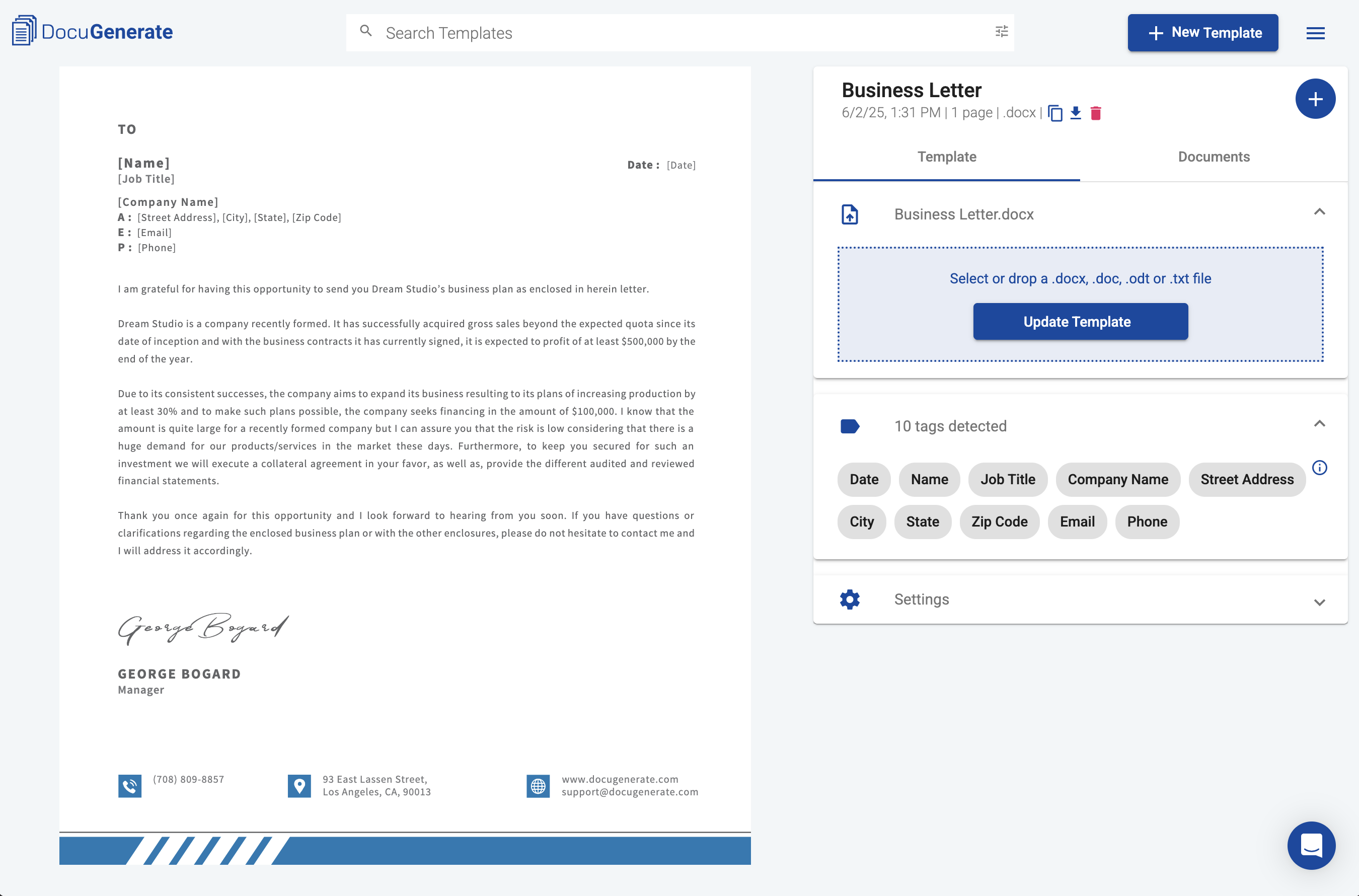 Business Letter template with merge tags