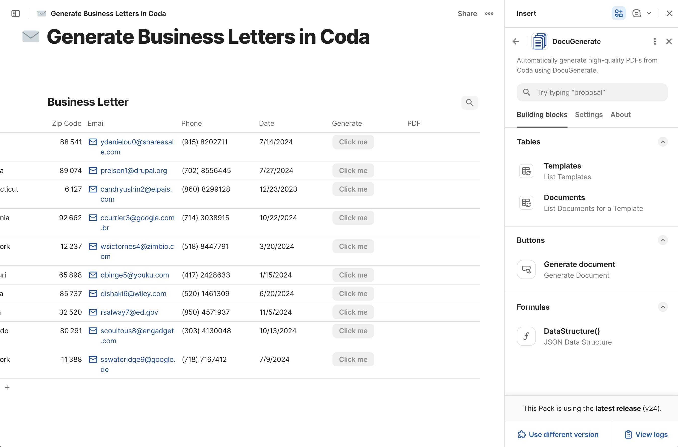DocuGenerate Pack building blocks available in Coda