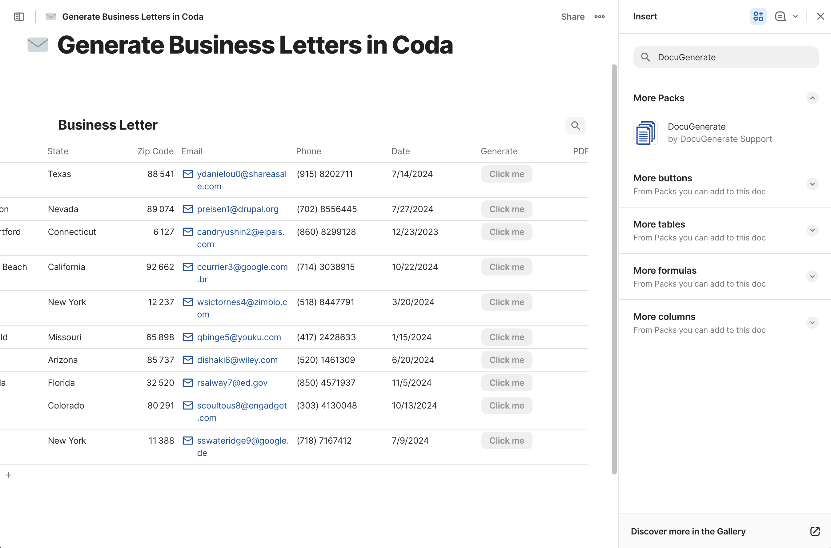 Searching for the DocuGenerate Pack in the Insert panel