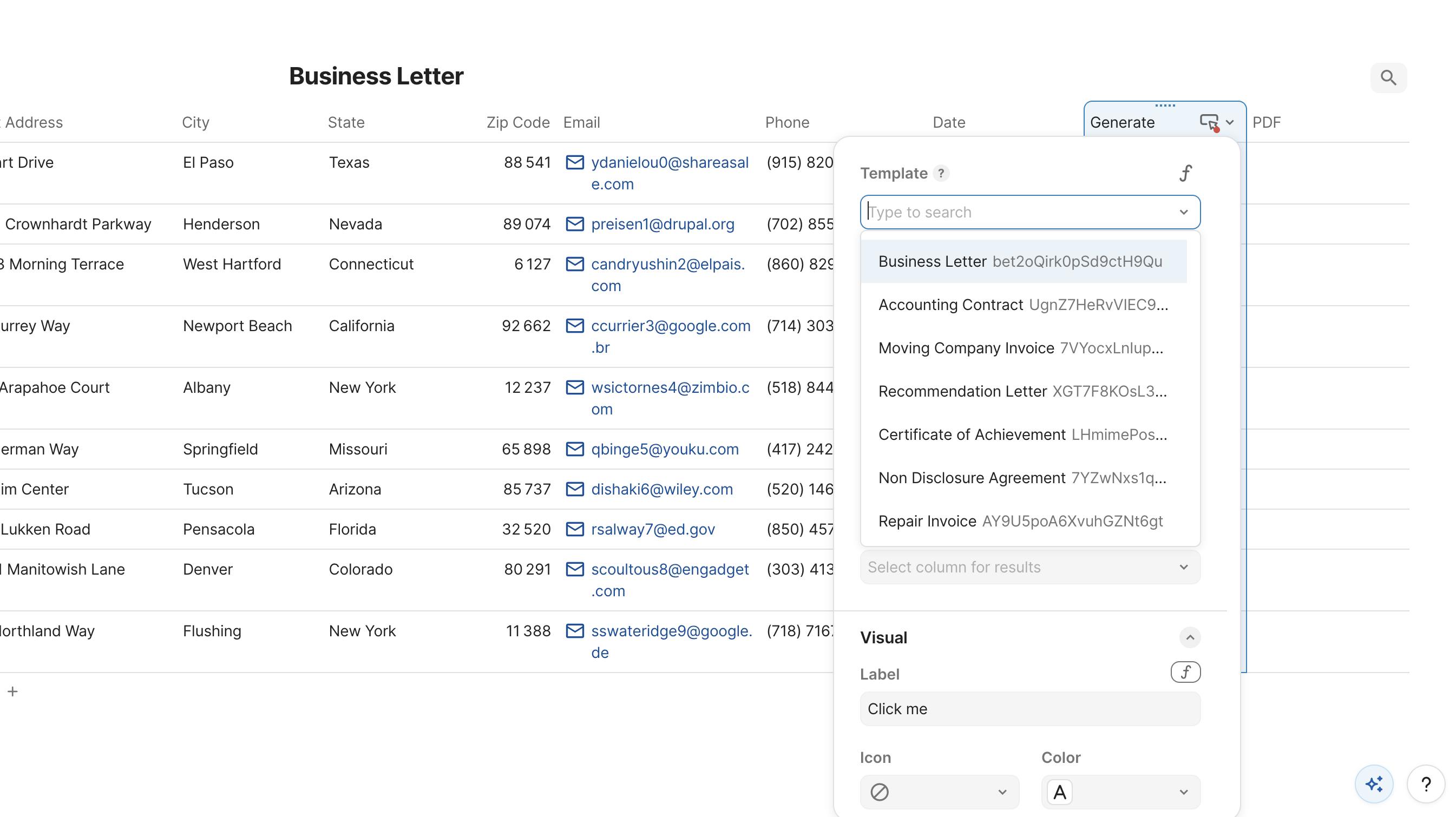 Selecting the Business Letter template in the Generate Document action