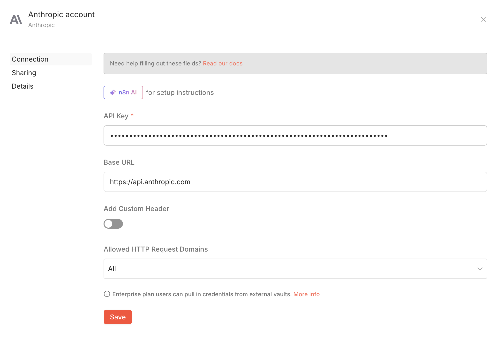 API Key configuration for the Anthropic node