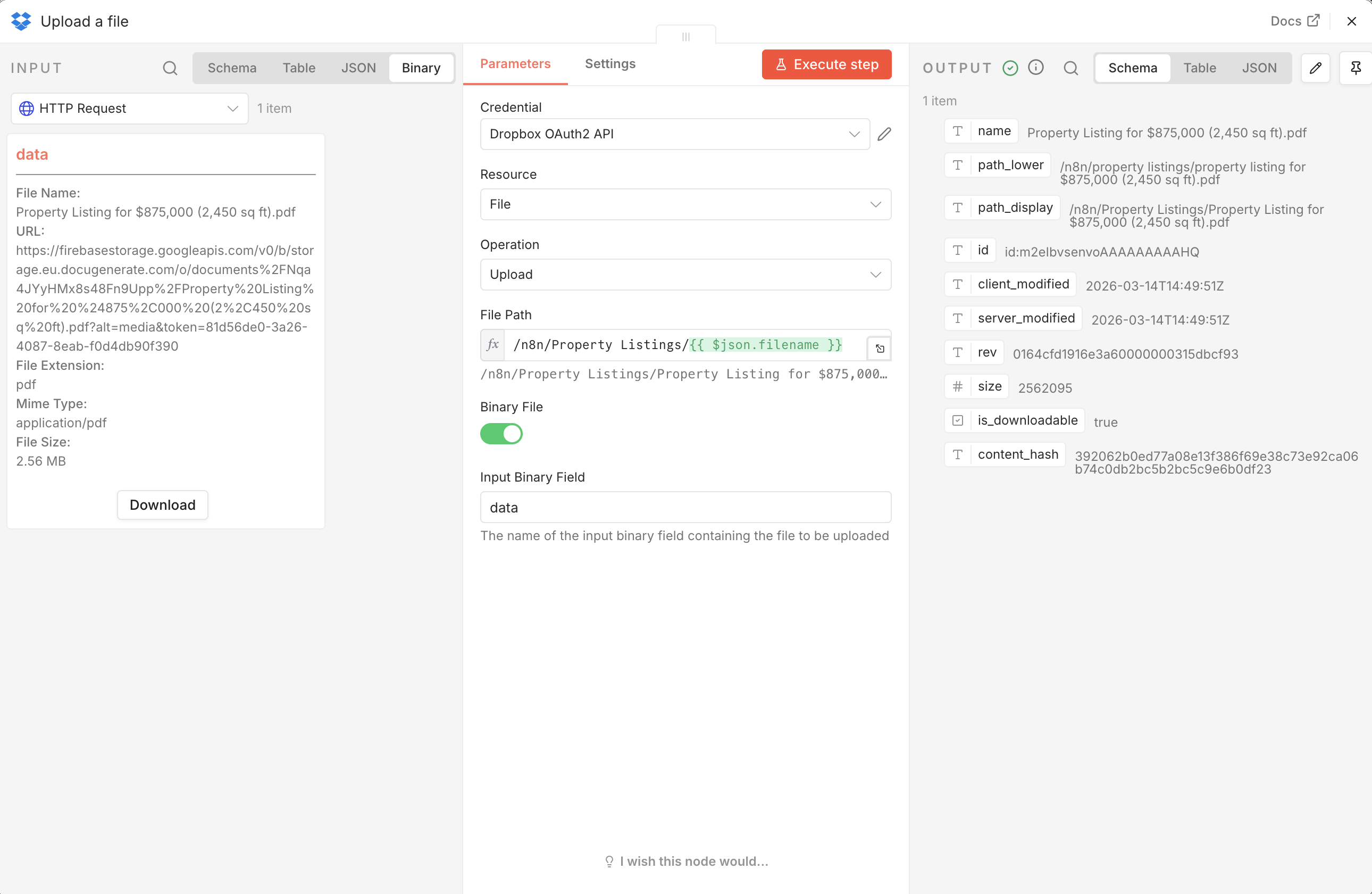 Upload a file node configuration
