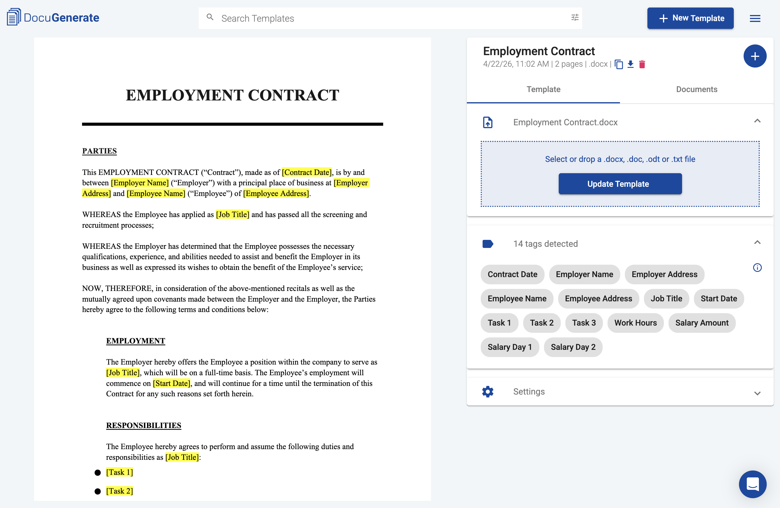 Employment Contract template in DocuGenerate