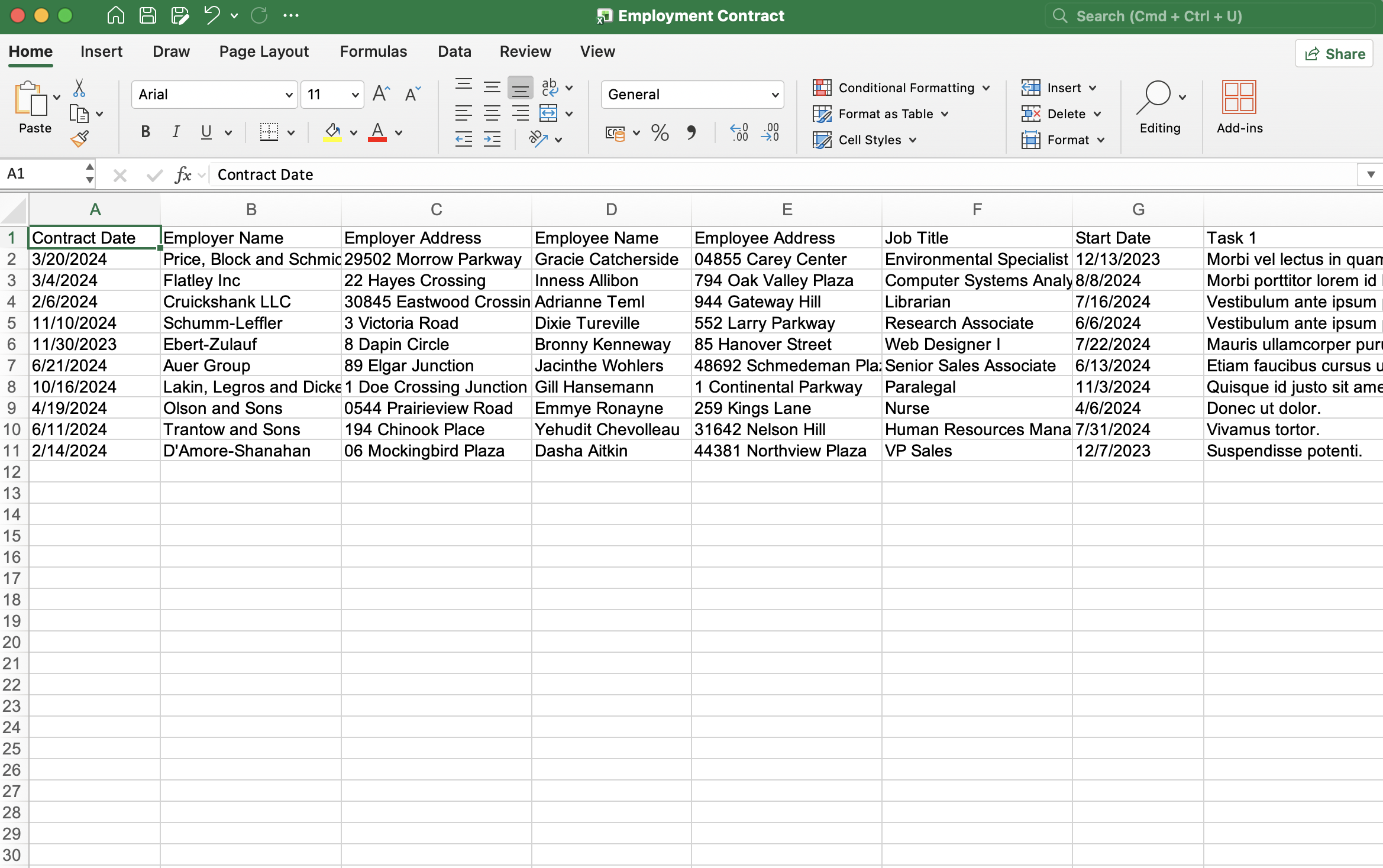 Employment Contract data spreadsheet