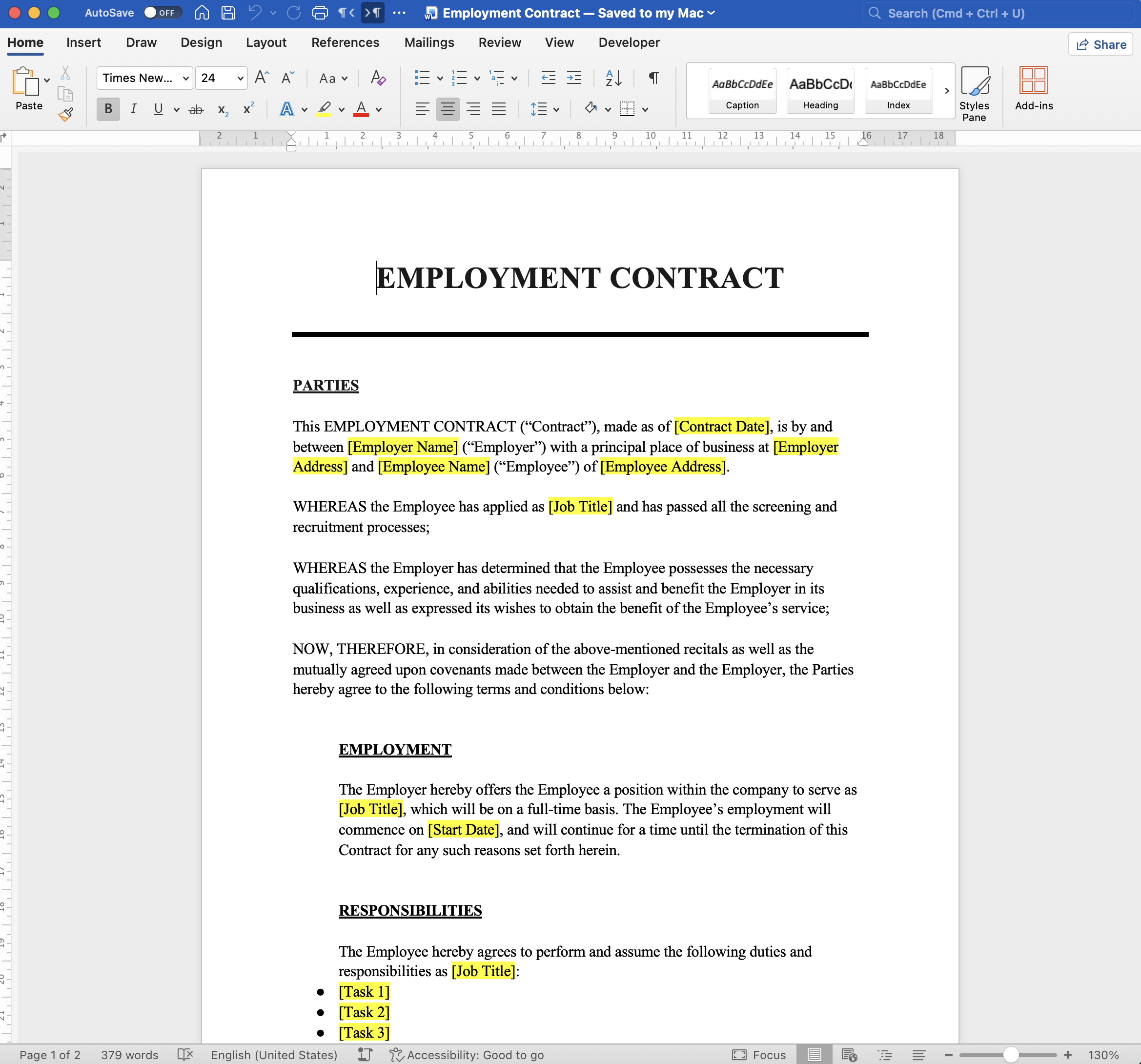 Employment Contract template with merge tags