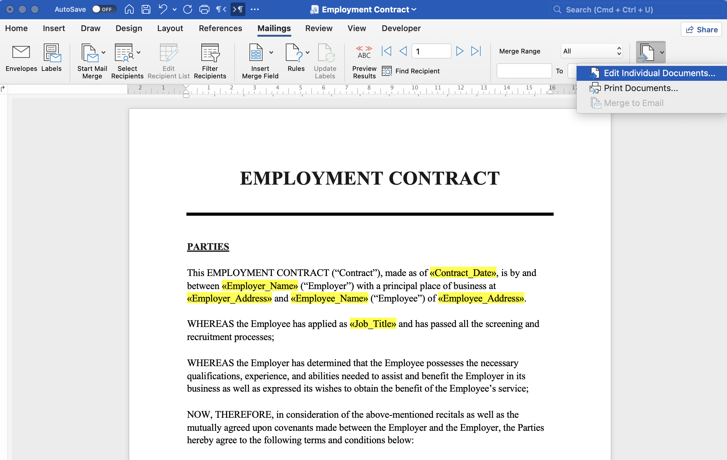 Completing the mail merge in Word