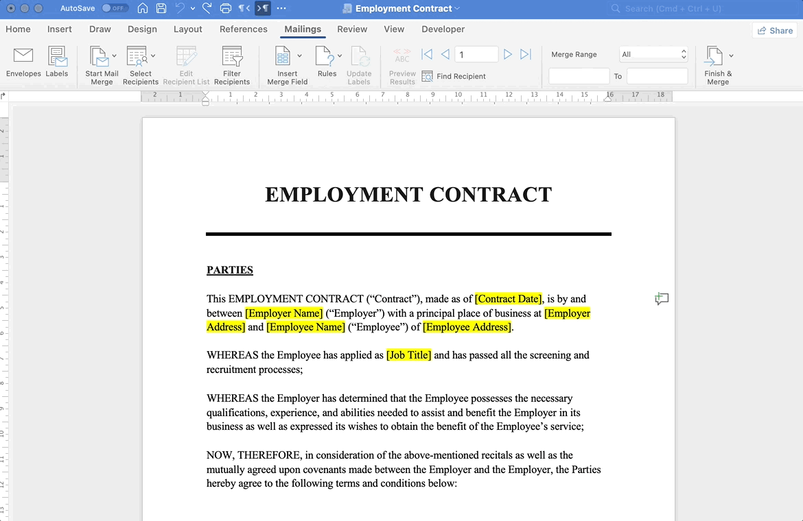 Inserting Merge Fields in the Word template