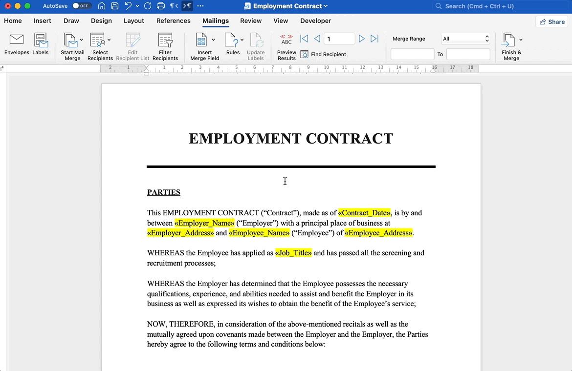 Previewing merge results in Word