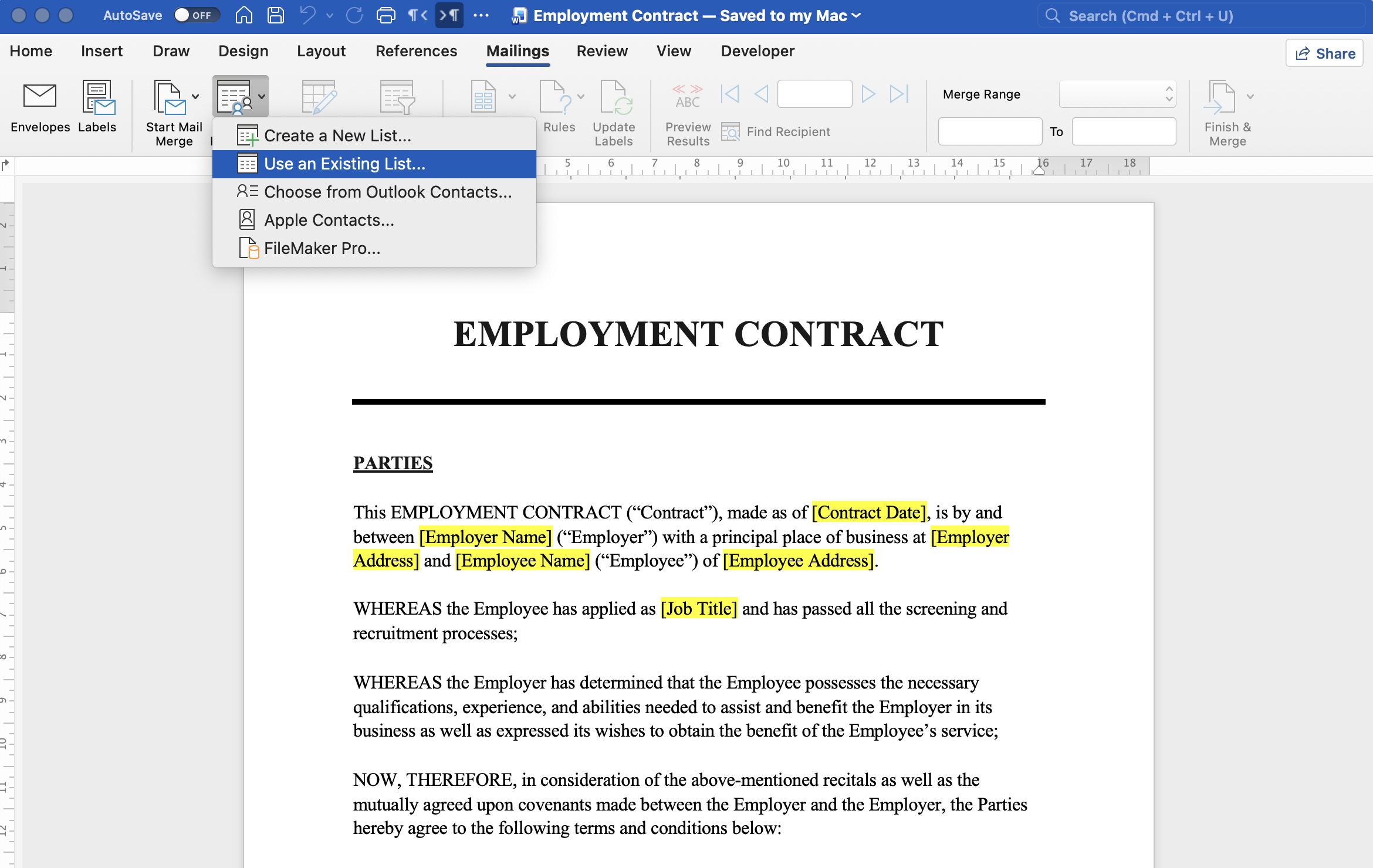 Selecting the Excel data source in Word