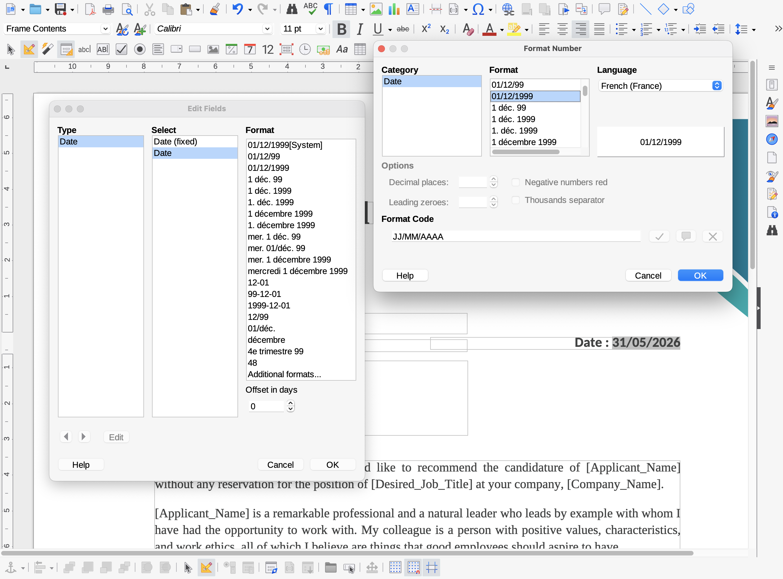 Inserting a date field in LibreOffice using the Fields dialog