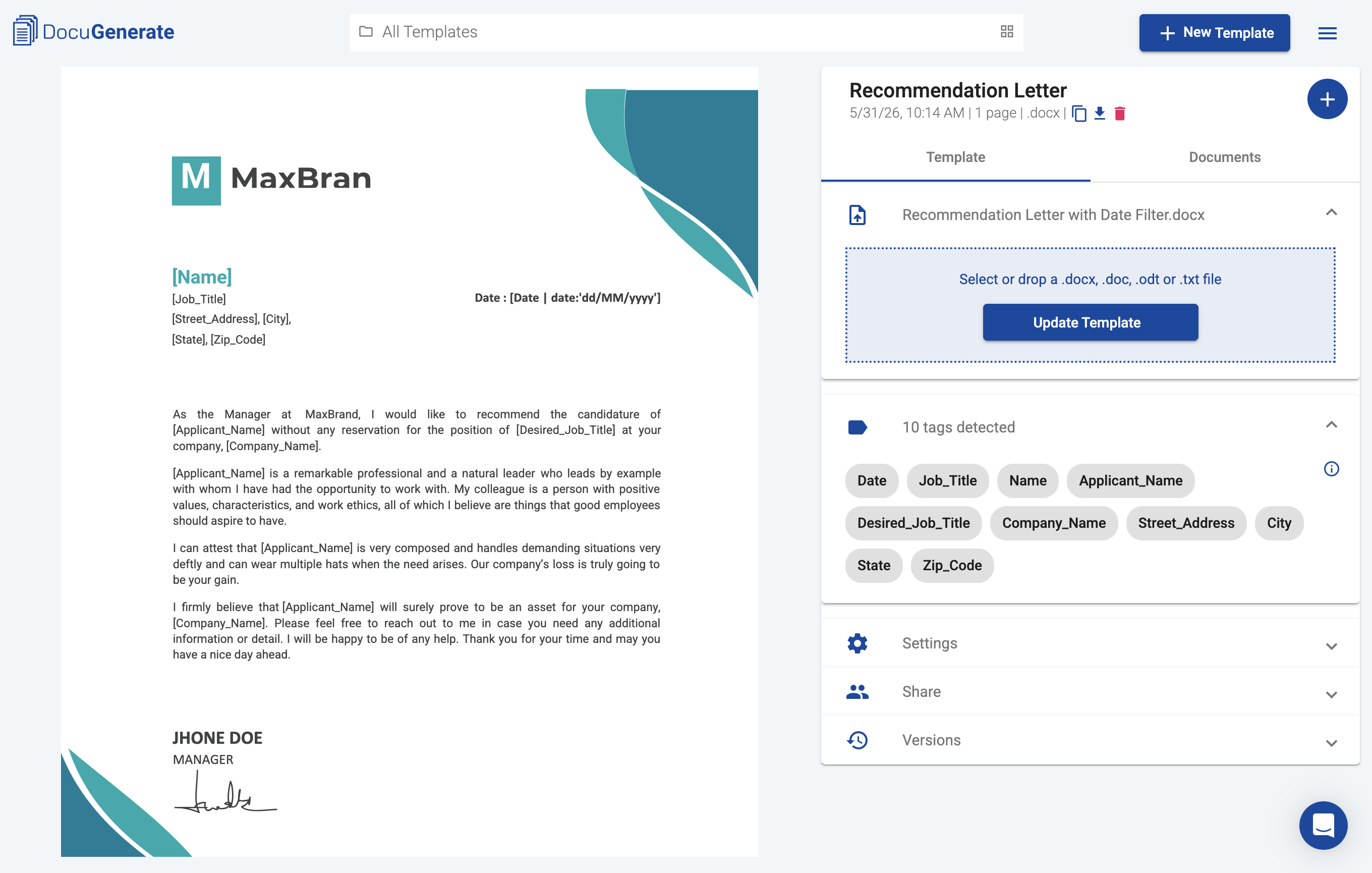 Recommendation Letter template with date filter merge tag