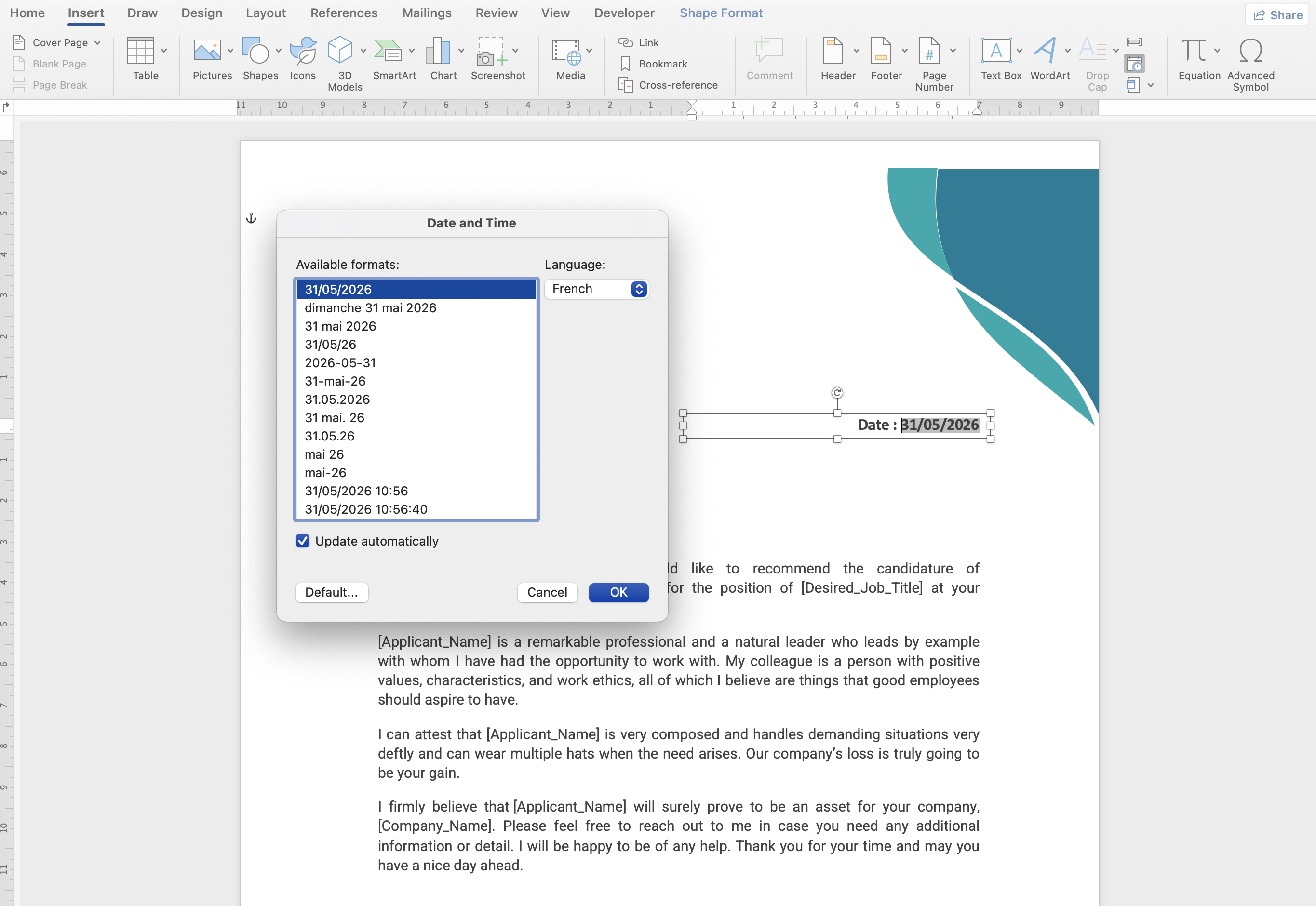 Inserting today's date and time field in Microsoft Word