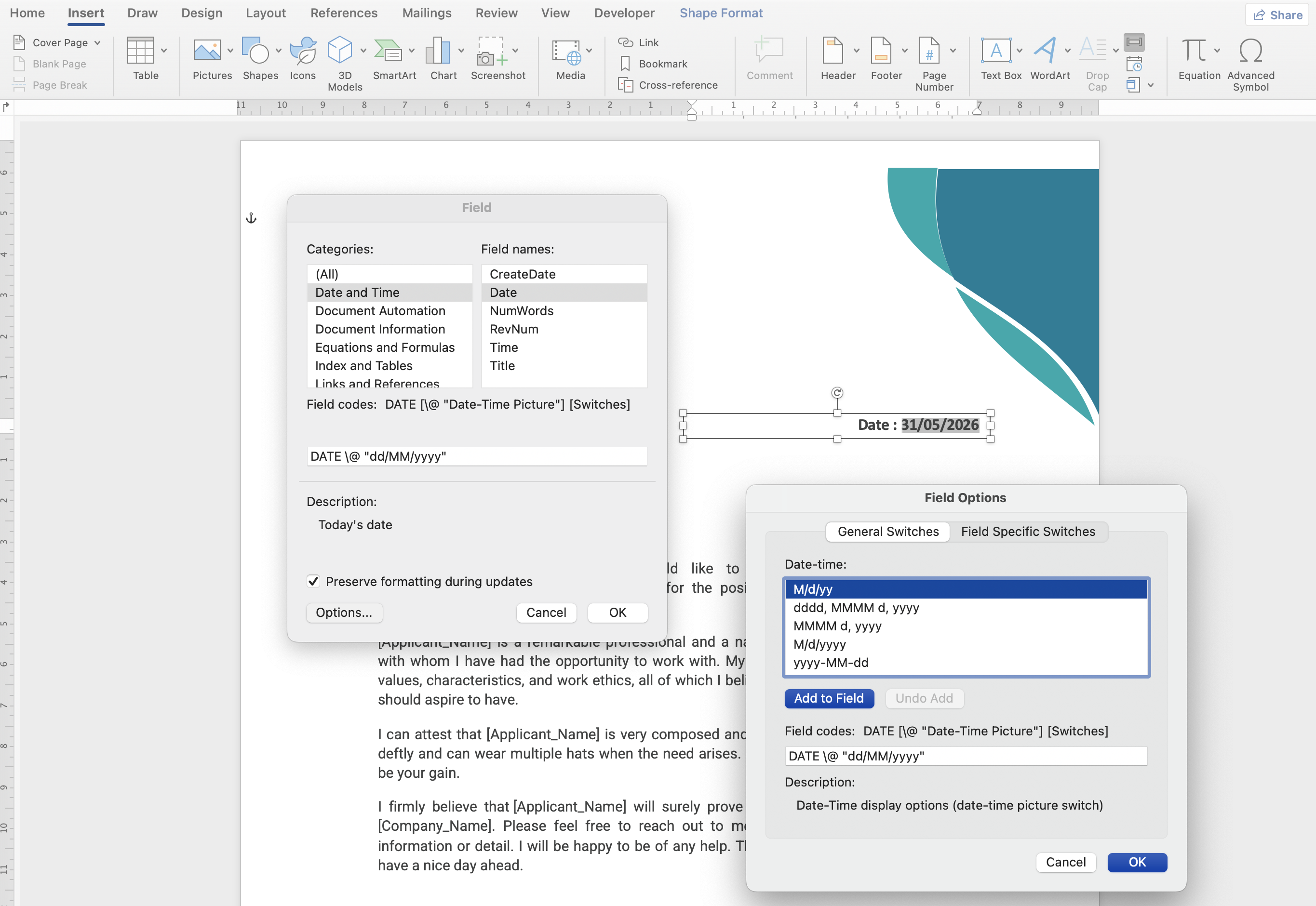 Inserting today's date field in Microsoft Word