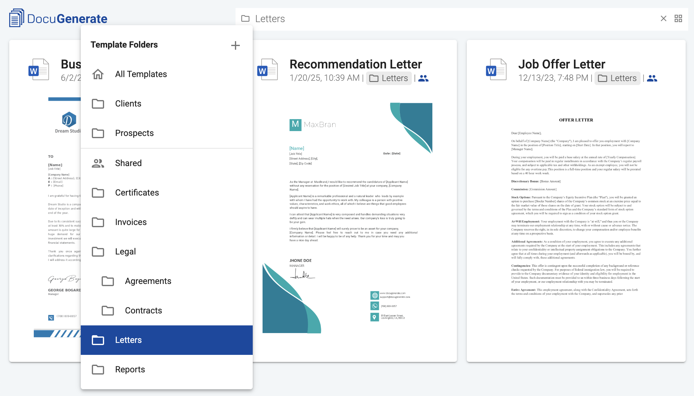 Folder menu with personal and shared folders