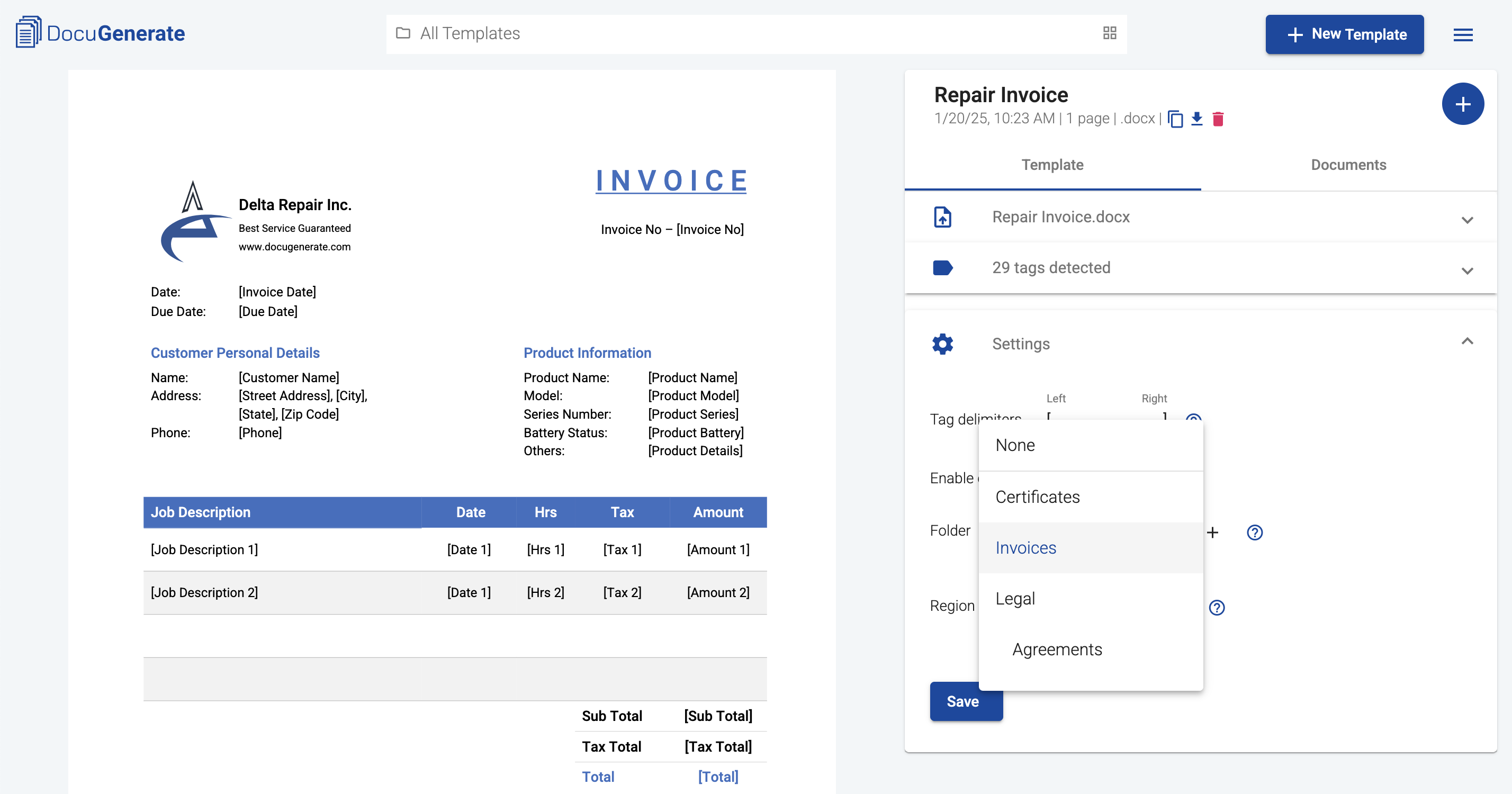 Folder selection in template settings