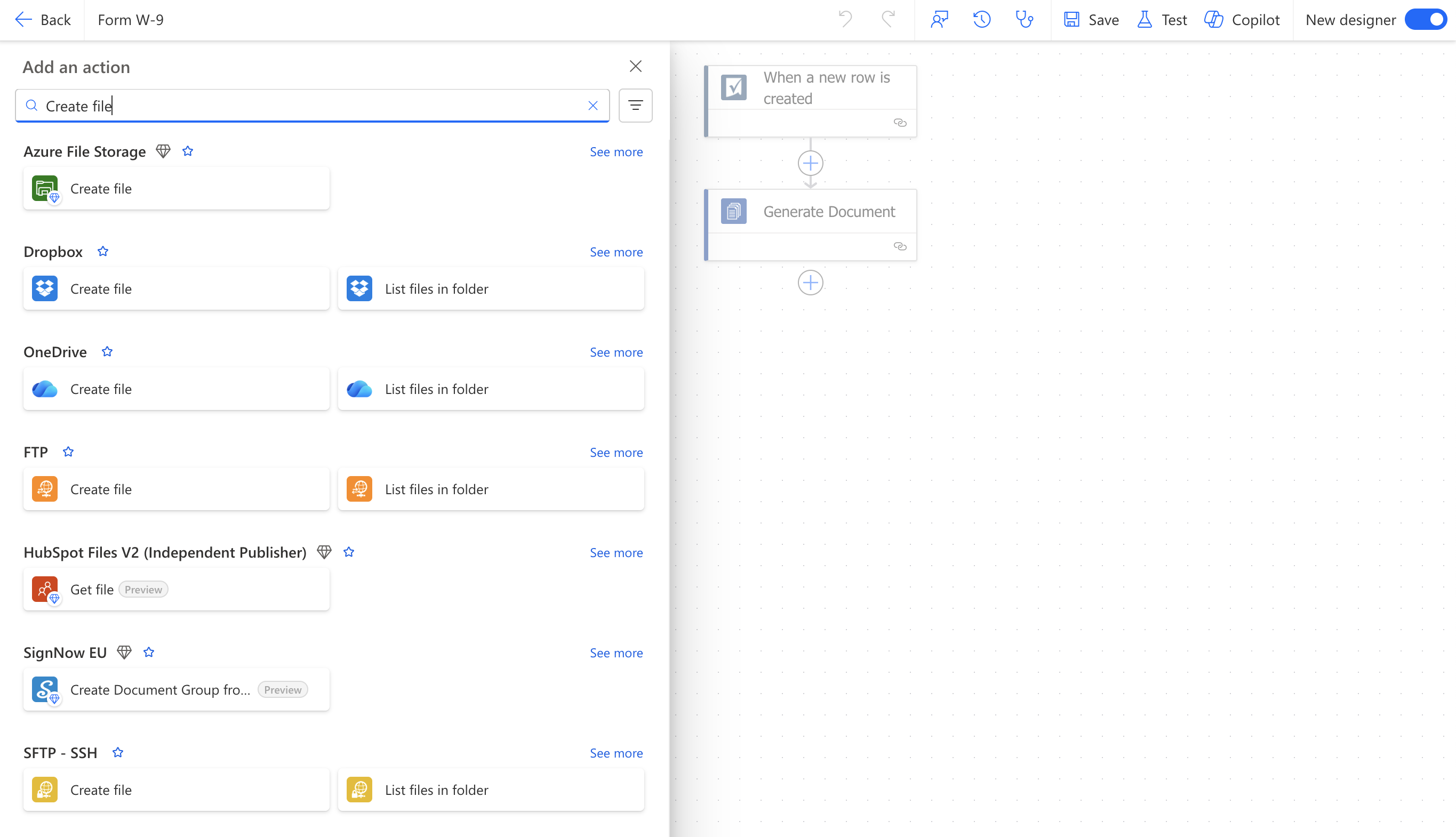 Adding the Create file action from Azure File Storage