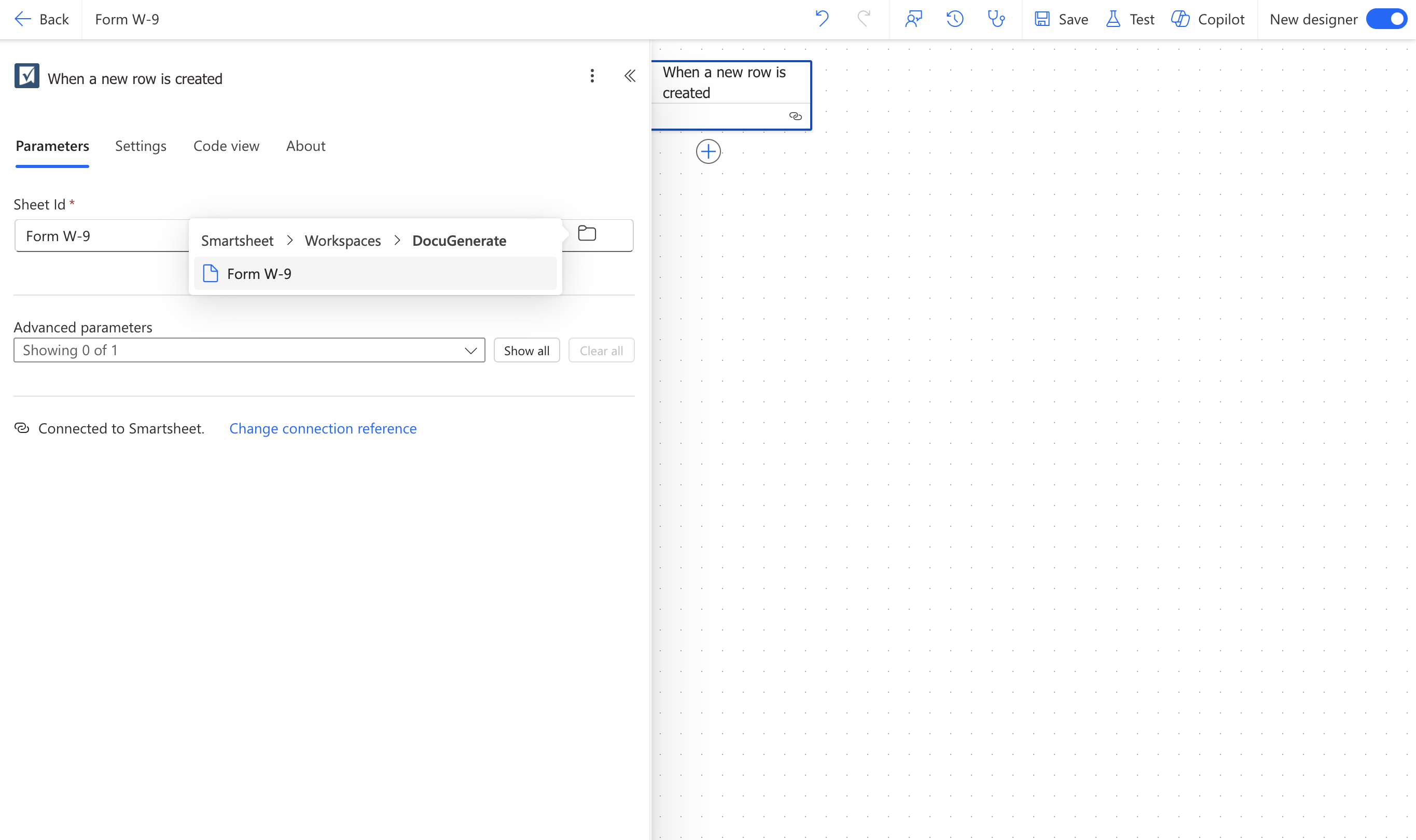 Configuring the Sheet Id parameter on the Smartsheet trigger