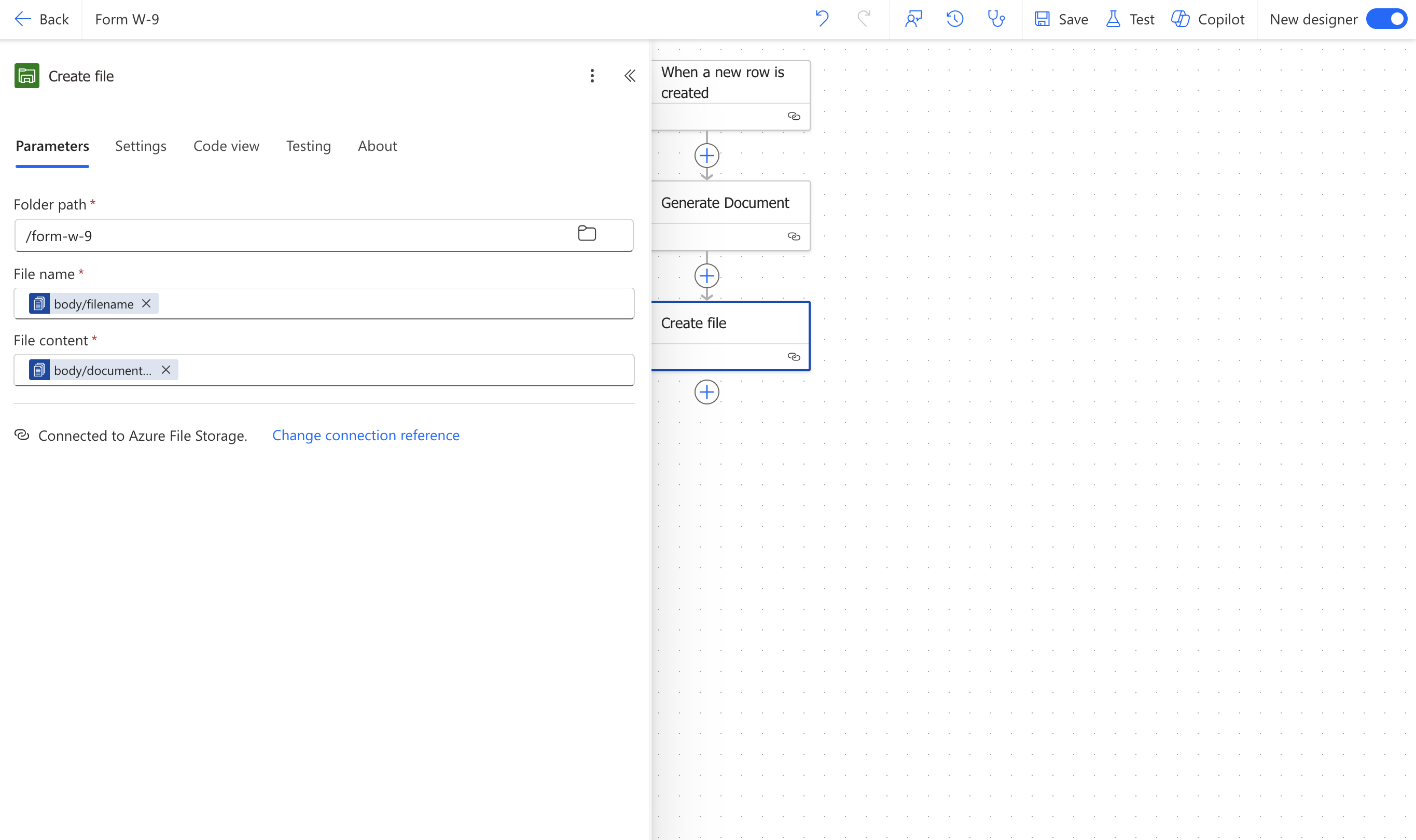 Configuring the Create file action parameters
