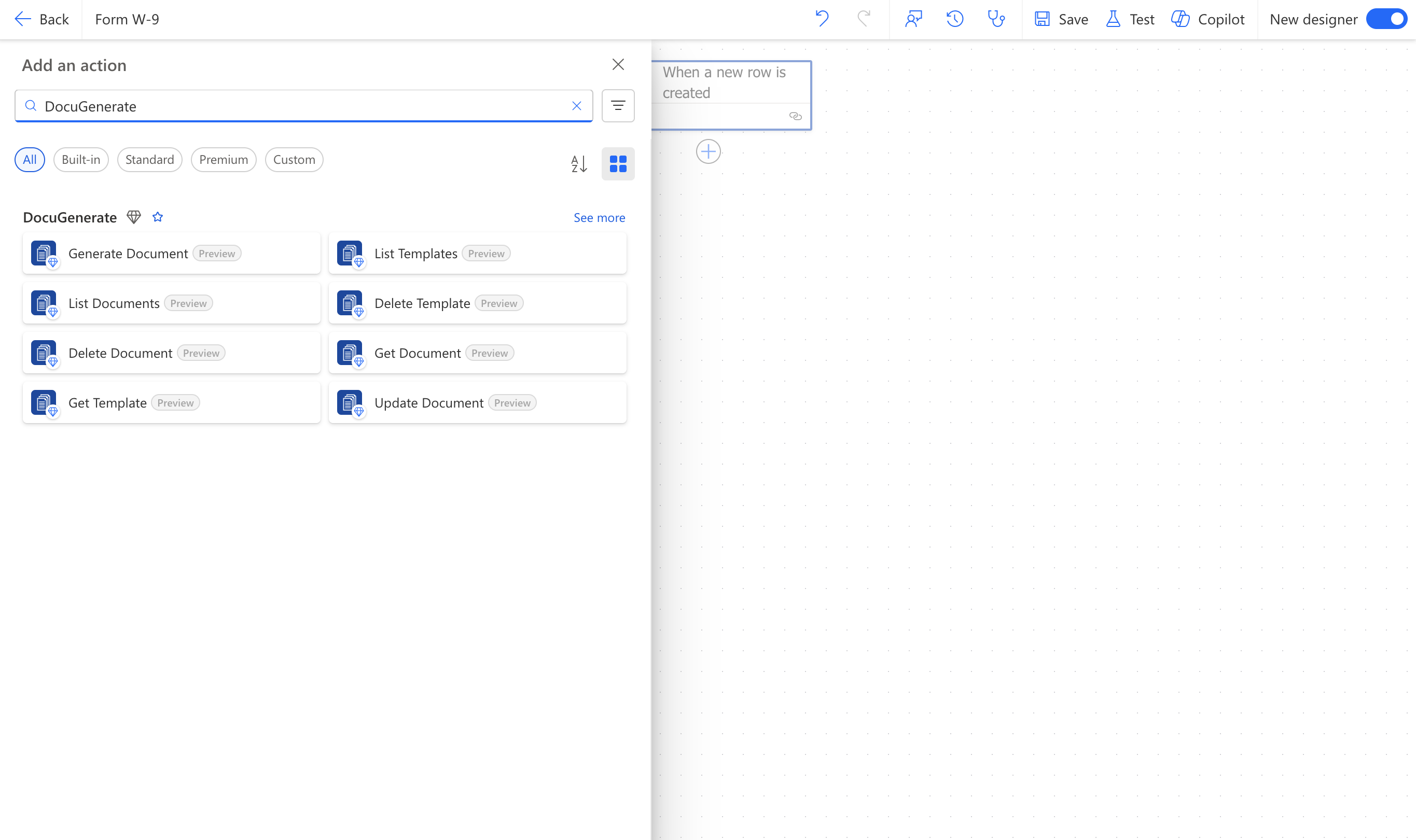 Searching for the DocuGenerate connector in Power Automate