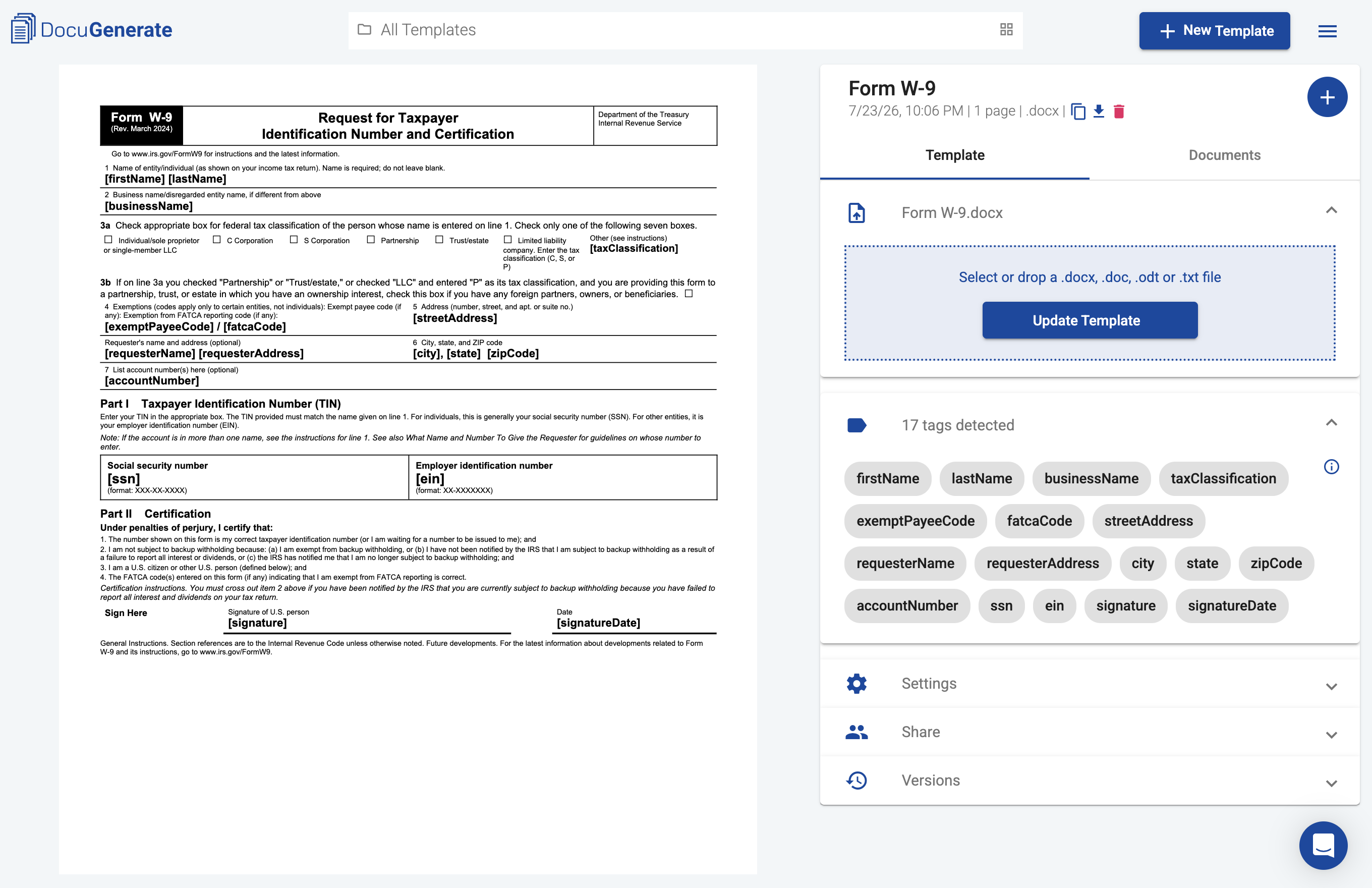 Form W-9 template with merge tags in DocuGenerate