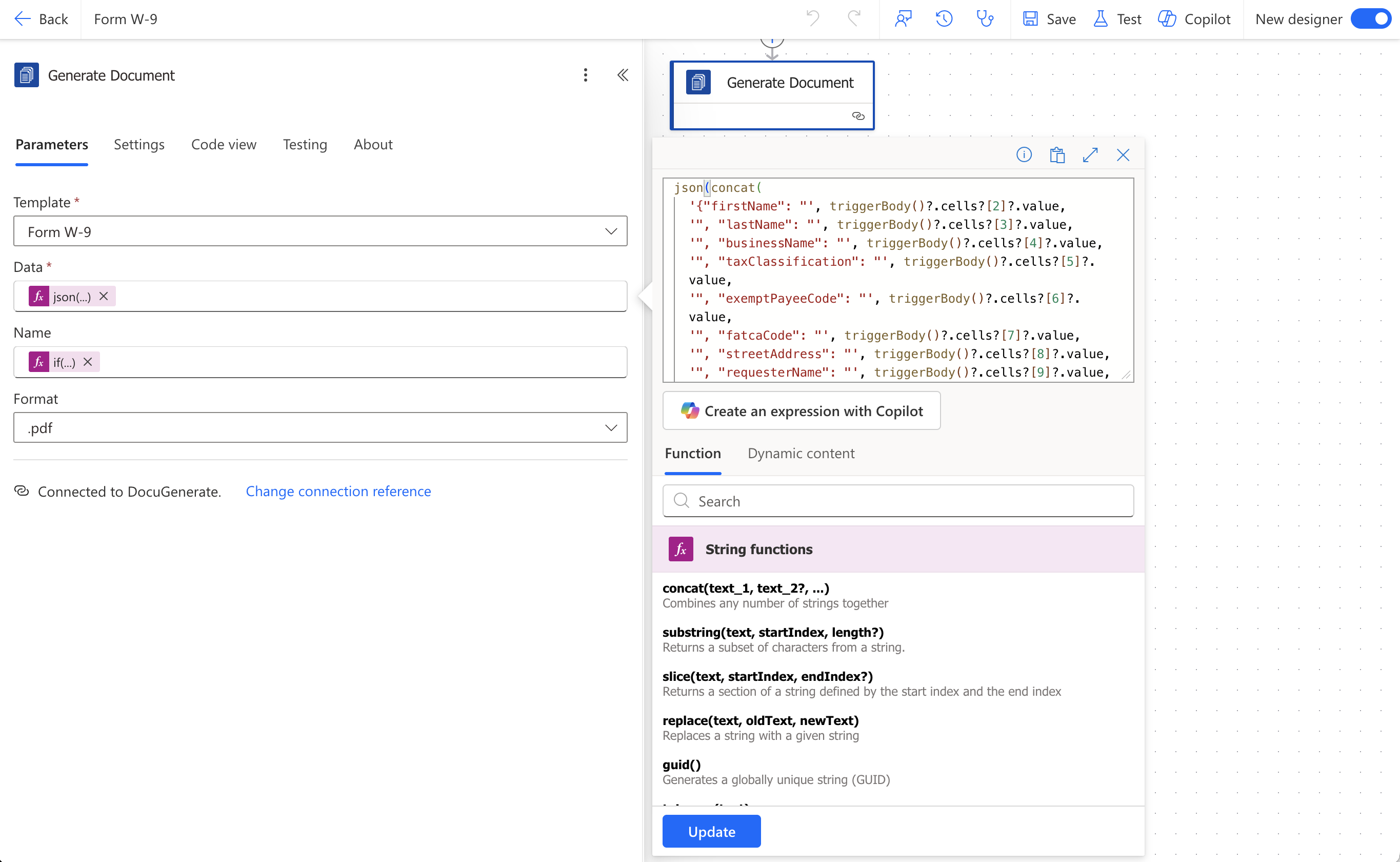 Configuring the Data field on the Generate Document action