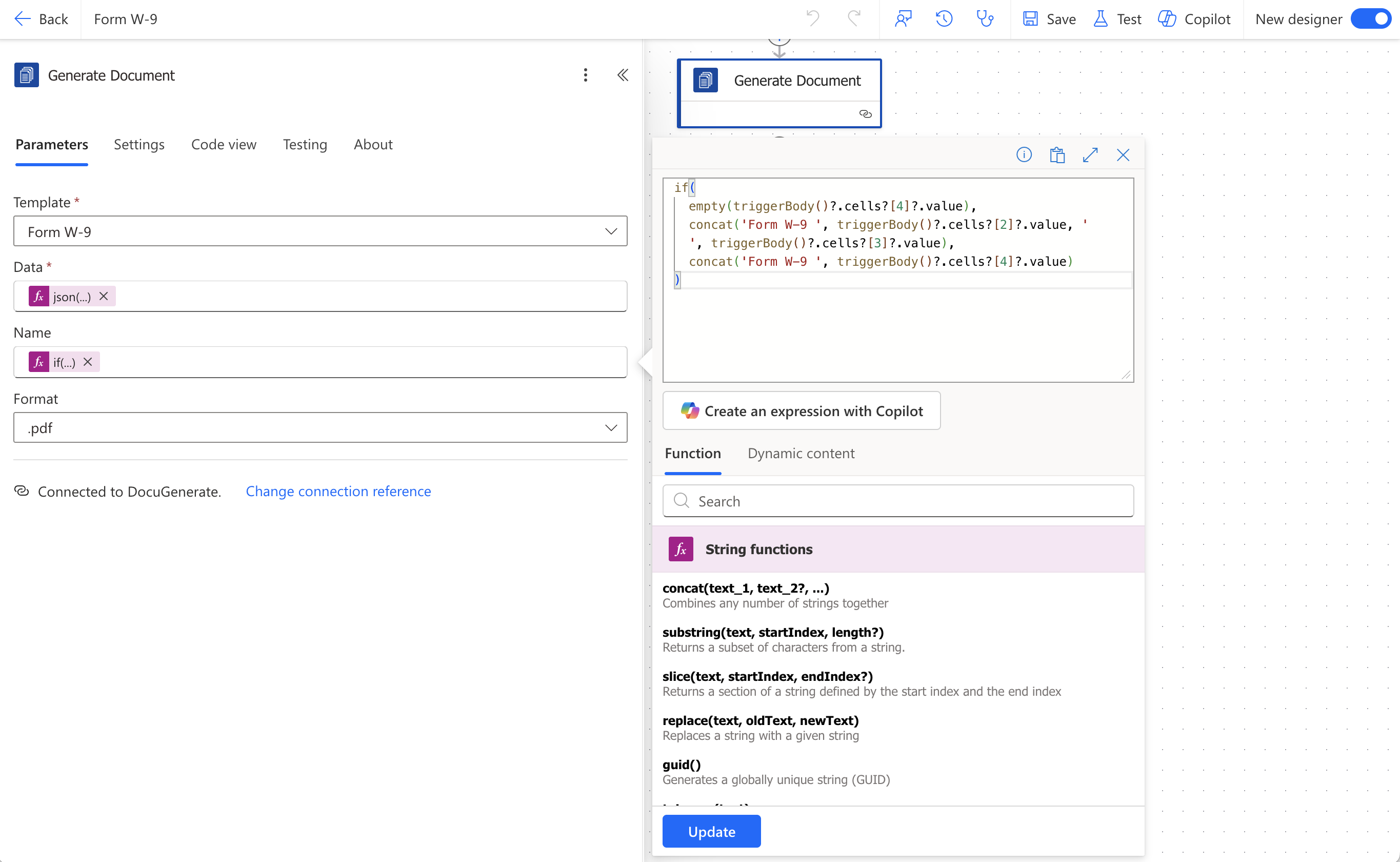 Configuring the Name field on the Generate Document action