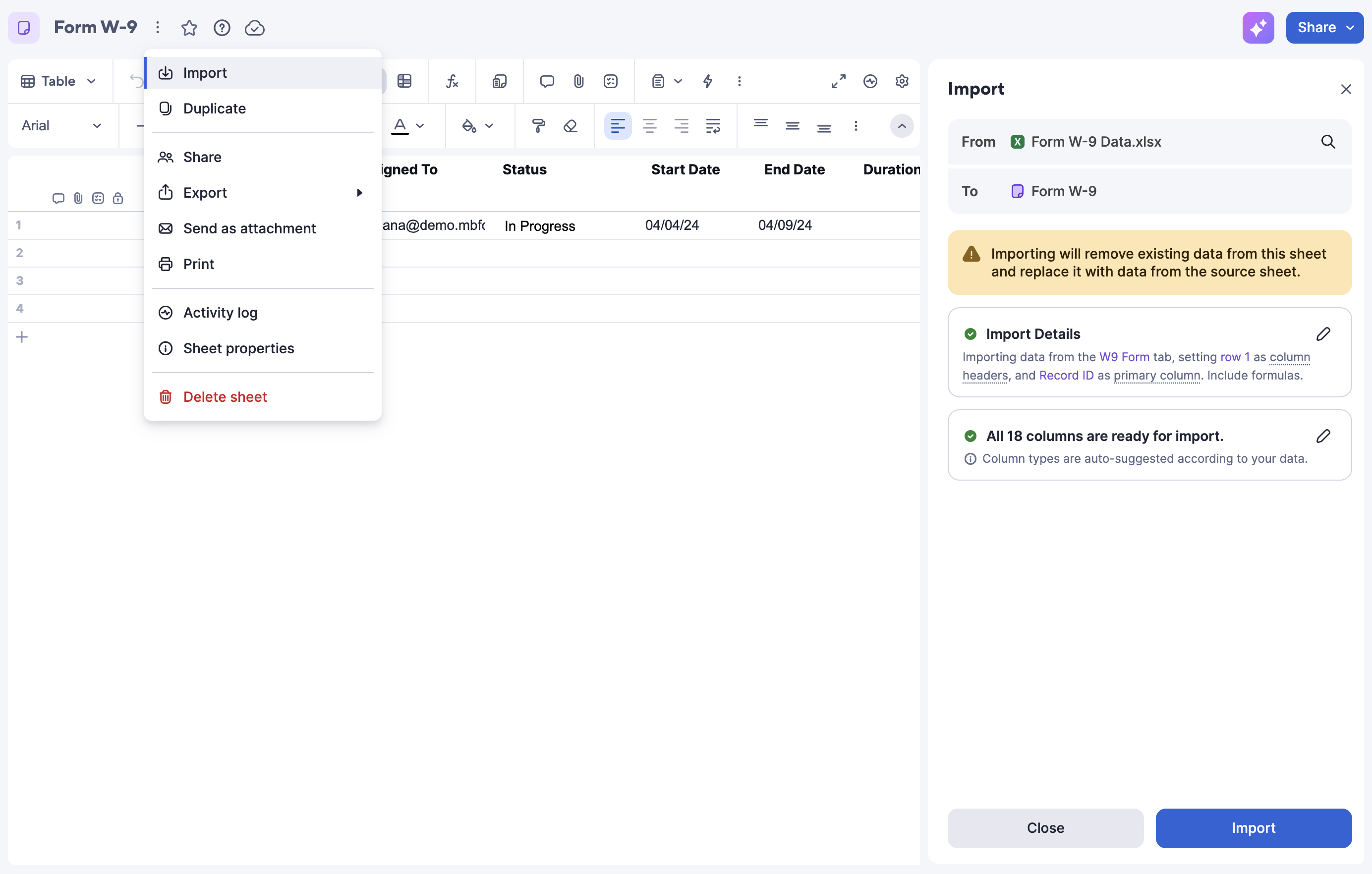 Importing Excel data into the Form W-9 sheet in Smartsheet