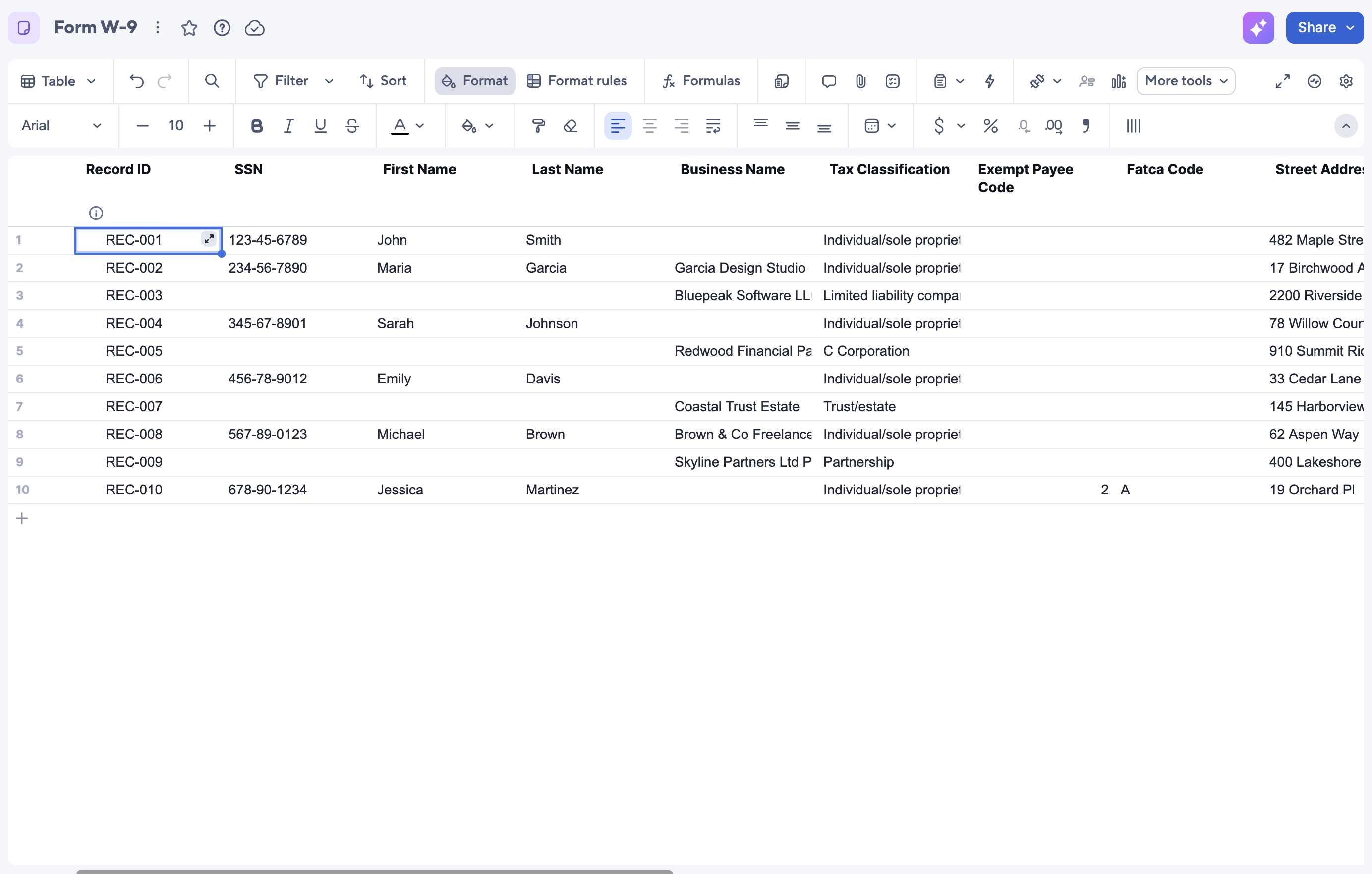 Form W-9 data imported into the Smartsheet table