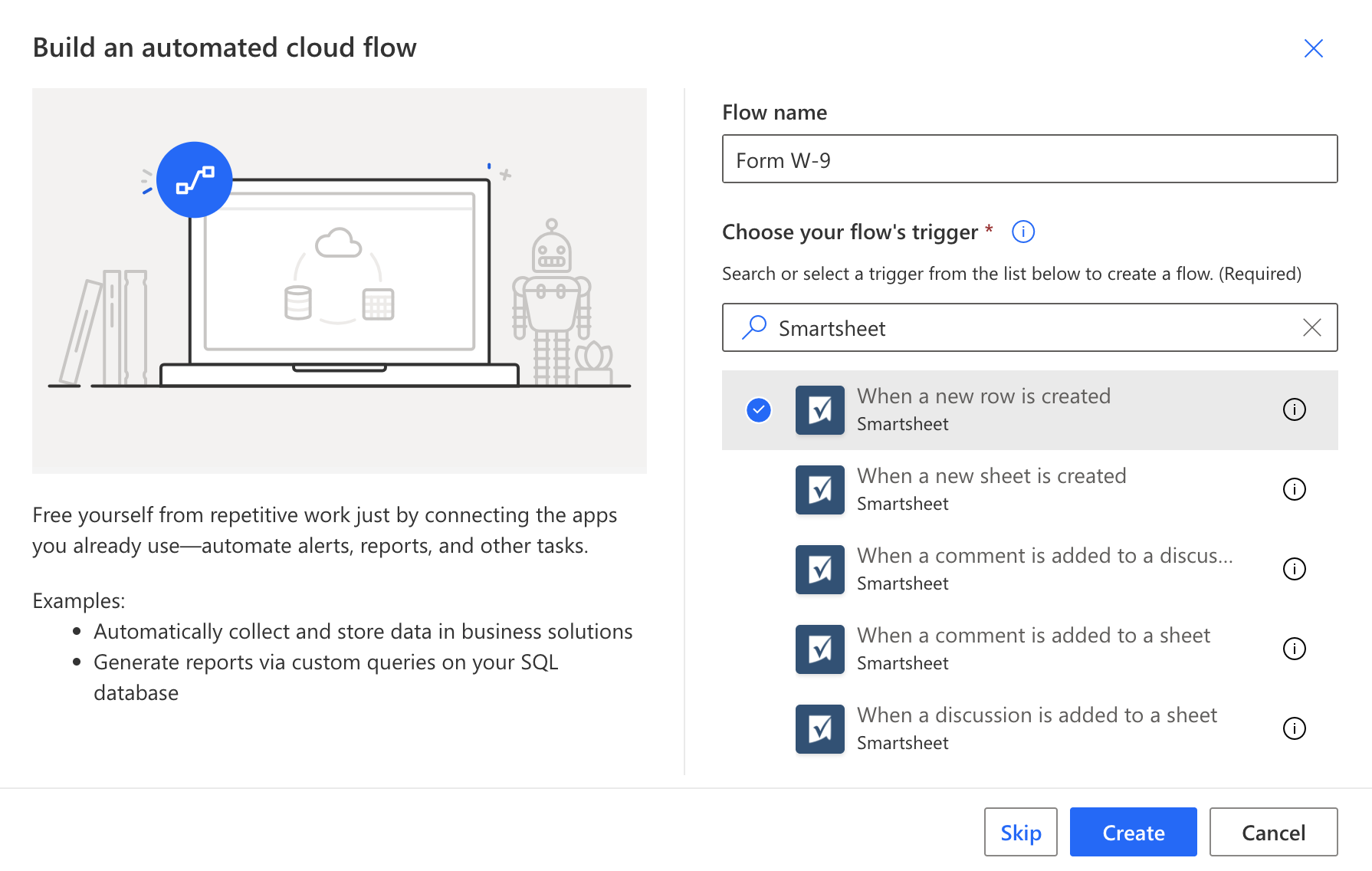 Selecting the Smartsheet trigger when creating a new flow