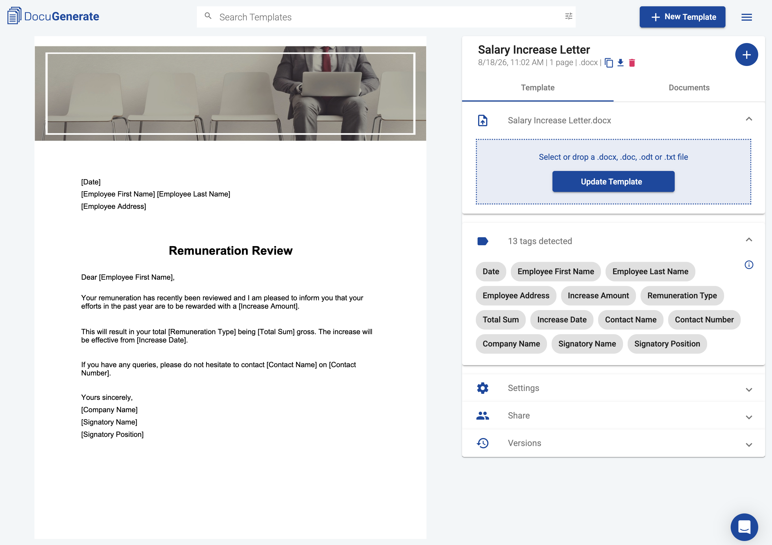 Salary Increase Letter-sjabloon met merge-tags