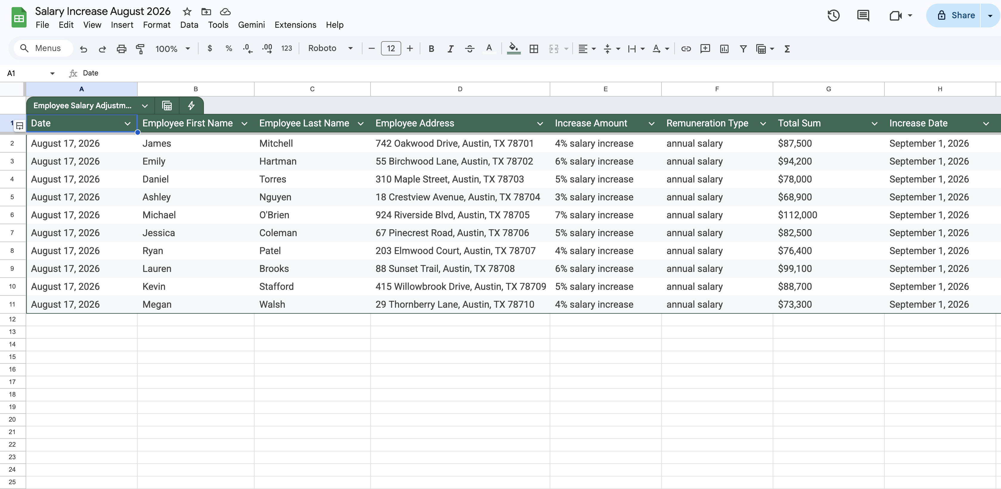 Salary Increase August 2026-spreadsheet in Google Sheets