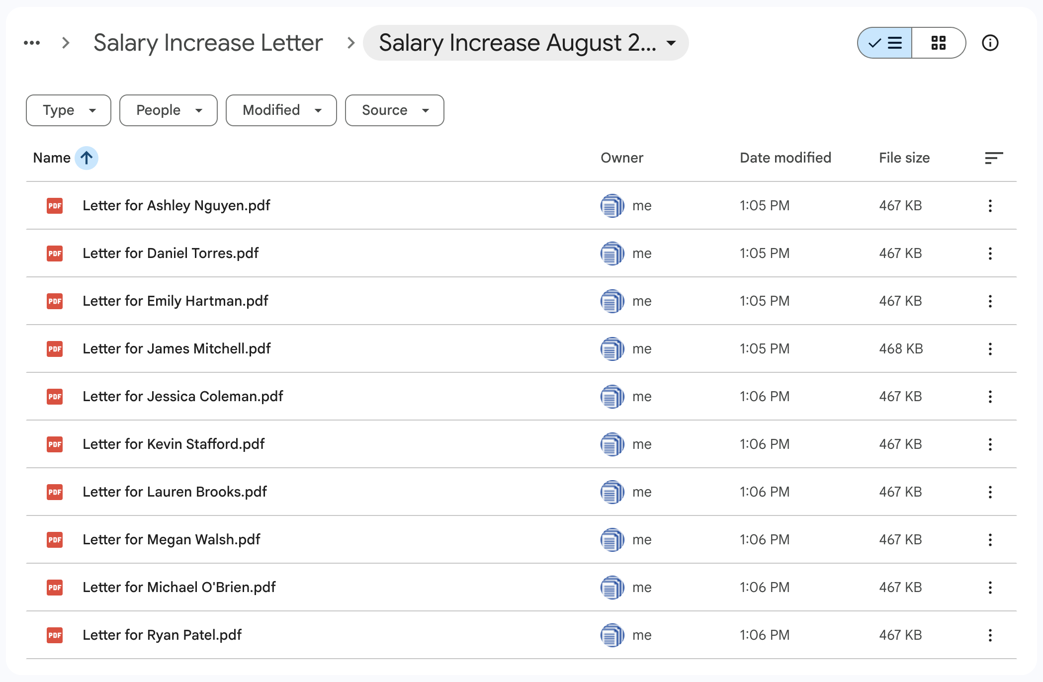 Gegenereerde brieven in de map Salary Increase August 2026