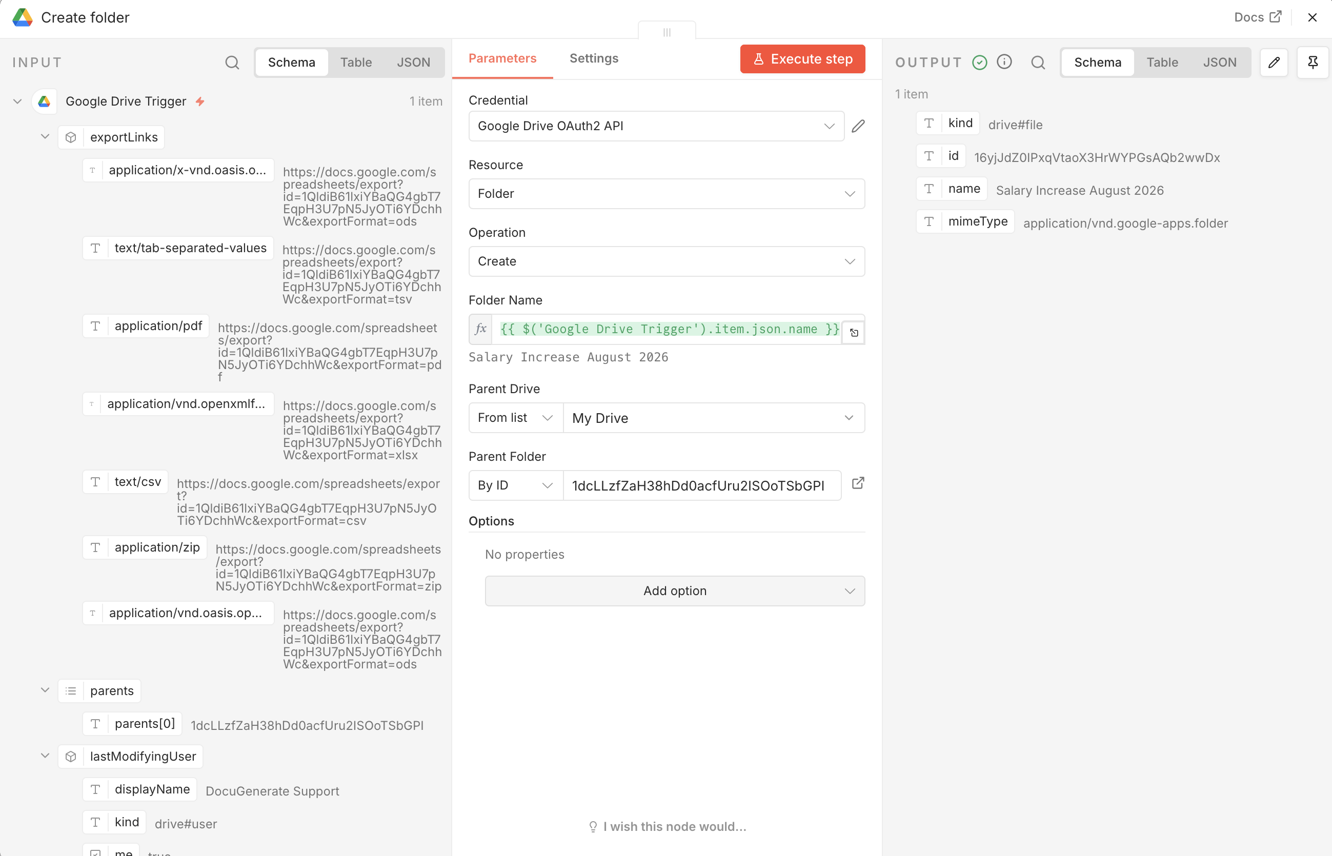 Configuratie van de Create folder-node