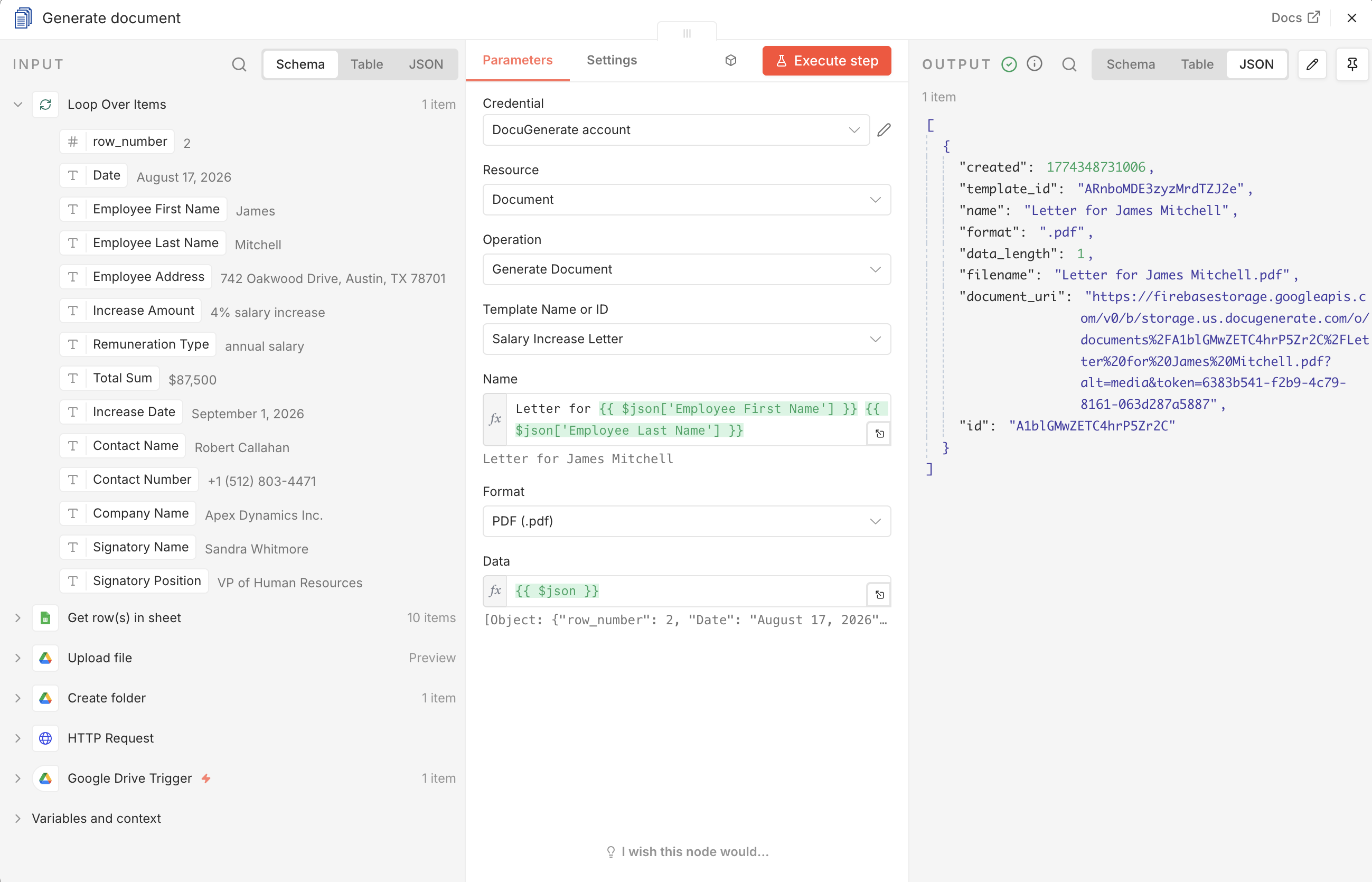 Configuratie van de Generate document-node