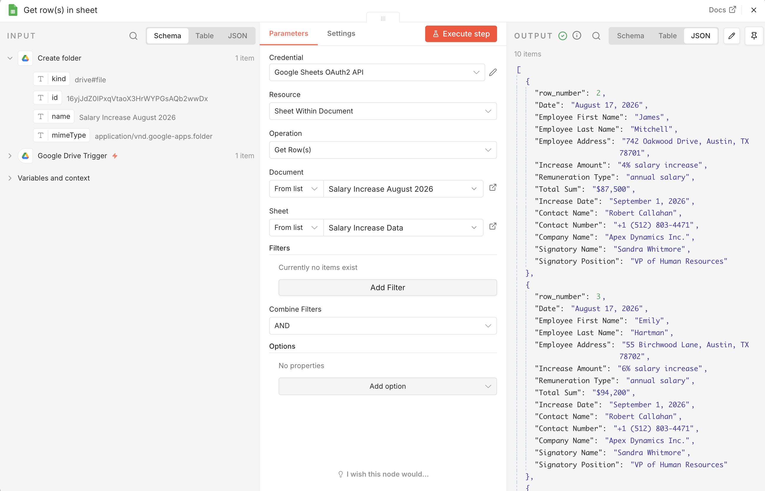 Configuratie van de Get row(s) in sheet-node