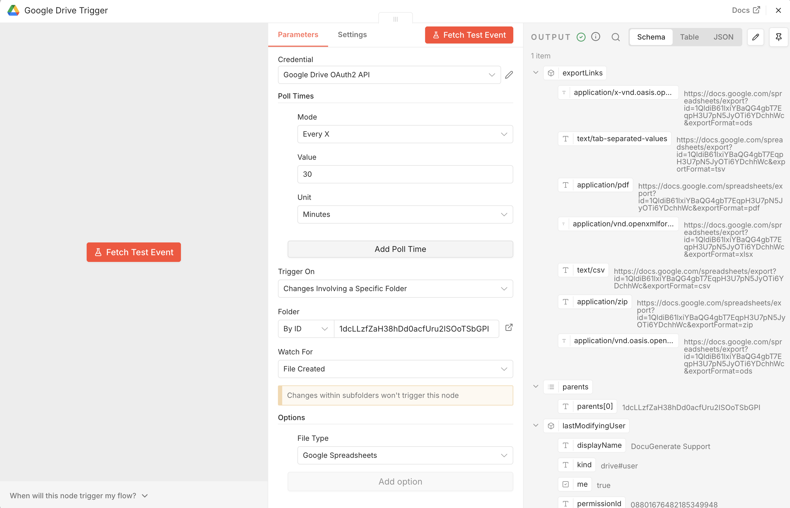 Configuratie van de Google Drive Trigger-node