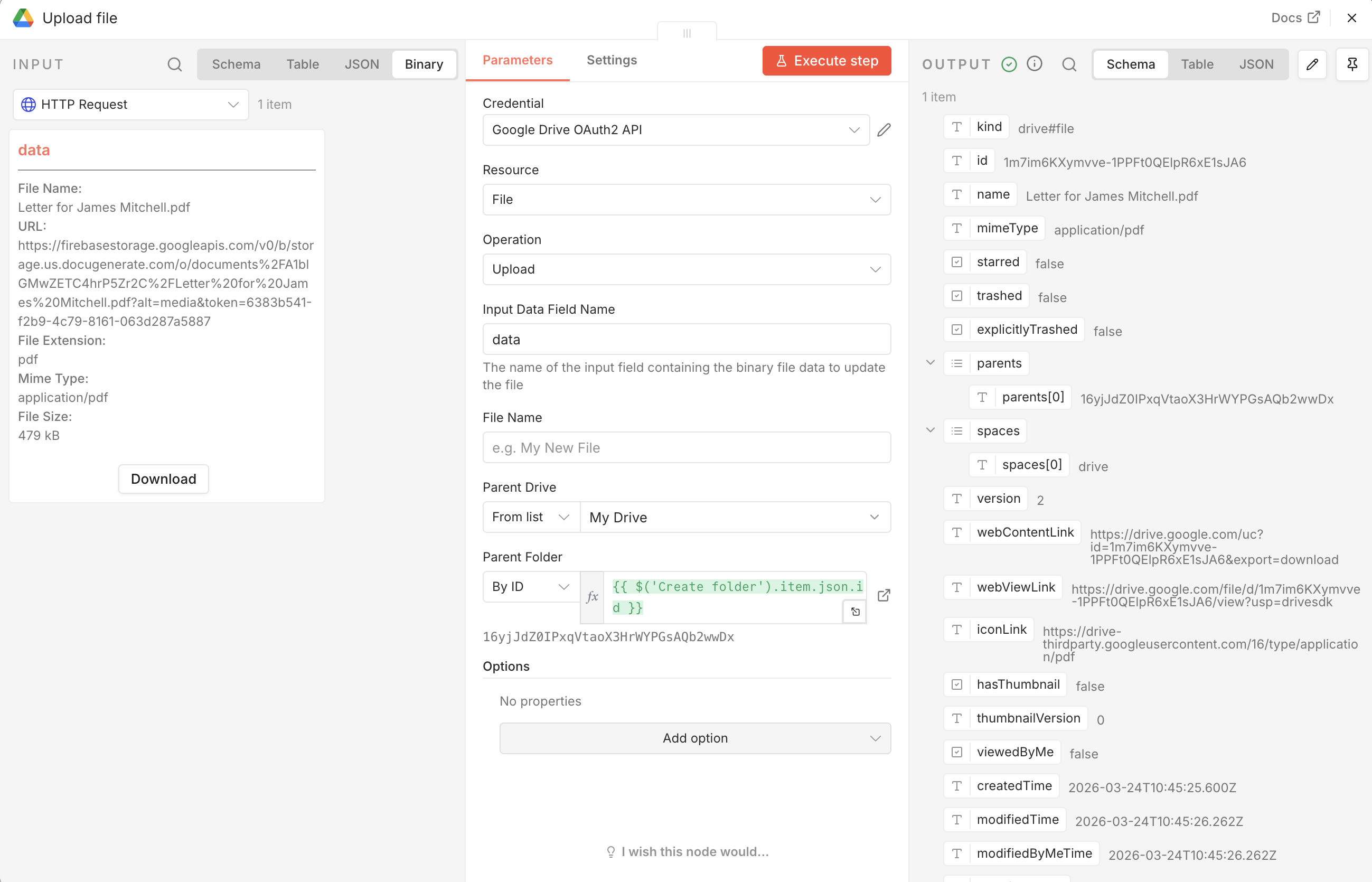Configuratie van de Upload file-node