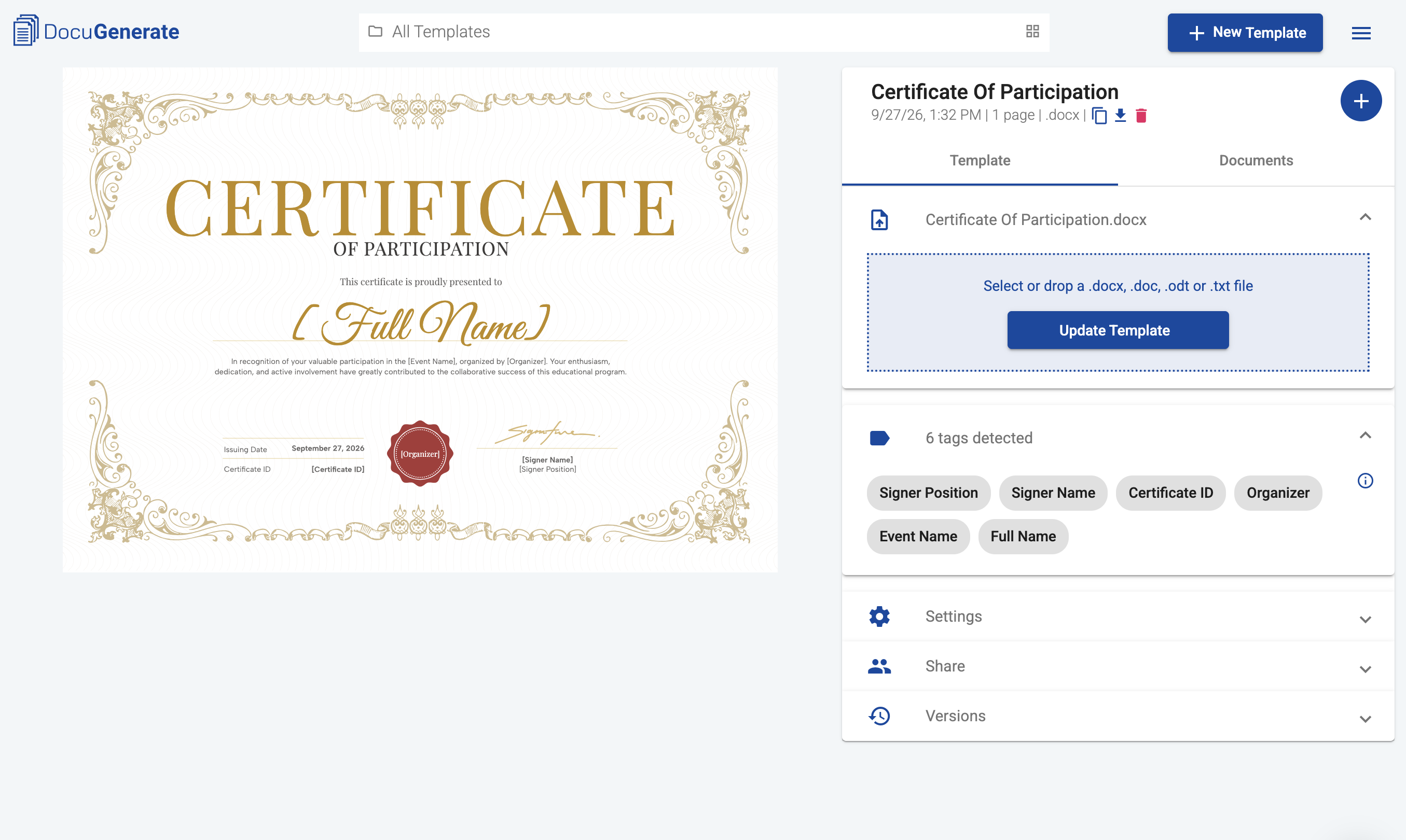 Certificate Of Participation template with 6 merge tags in DocuGenerate