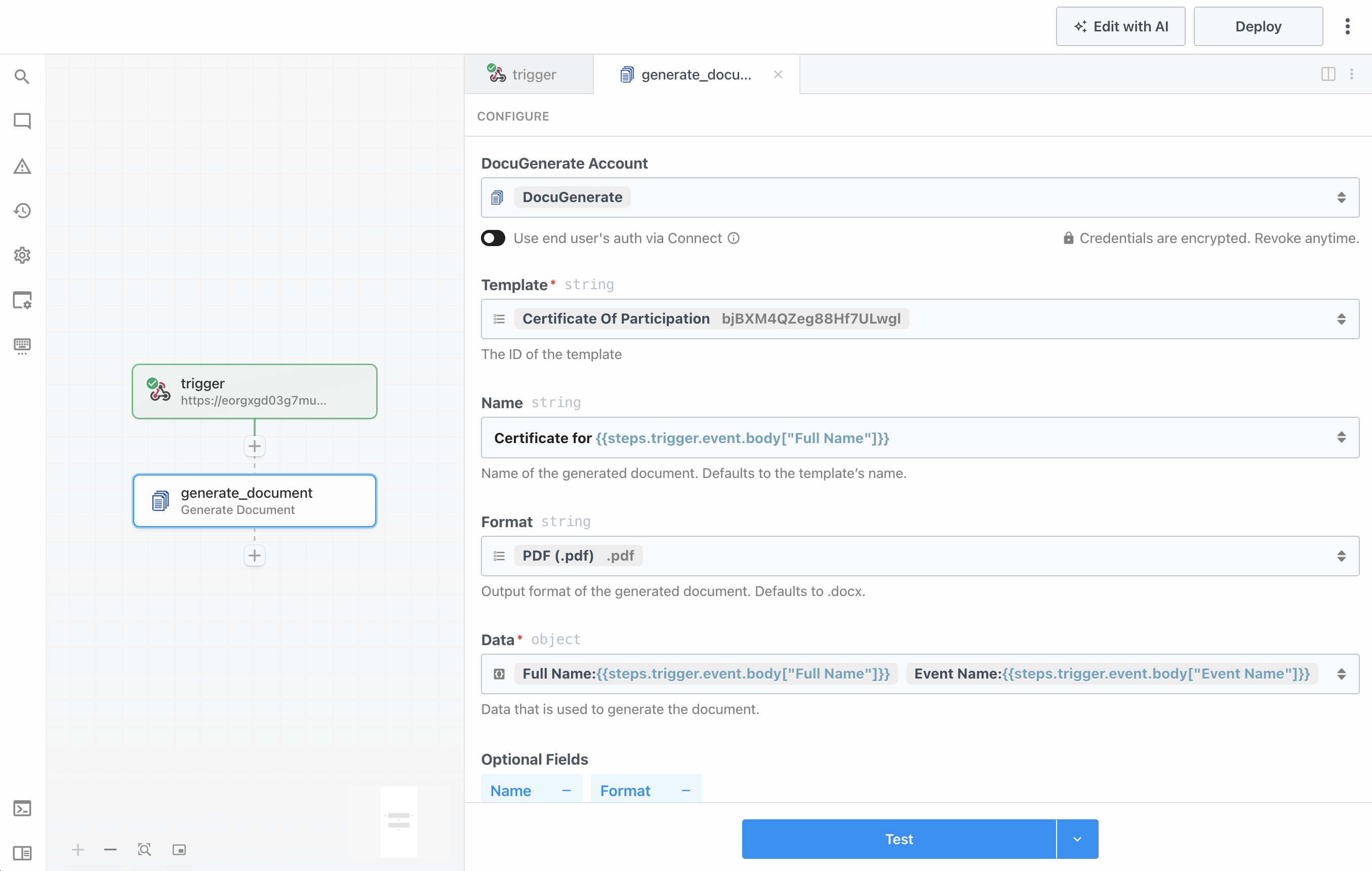 Configuring the Generate Document action