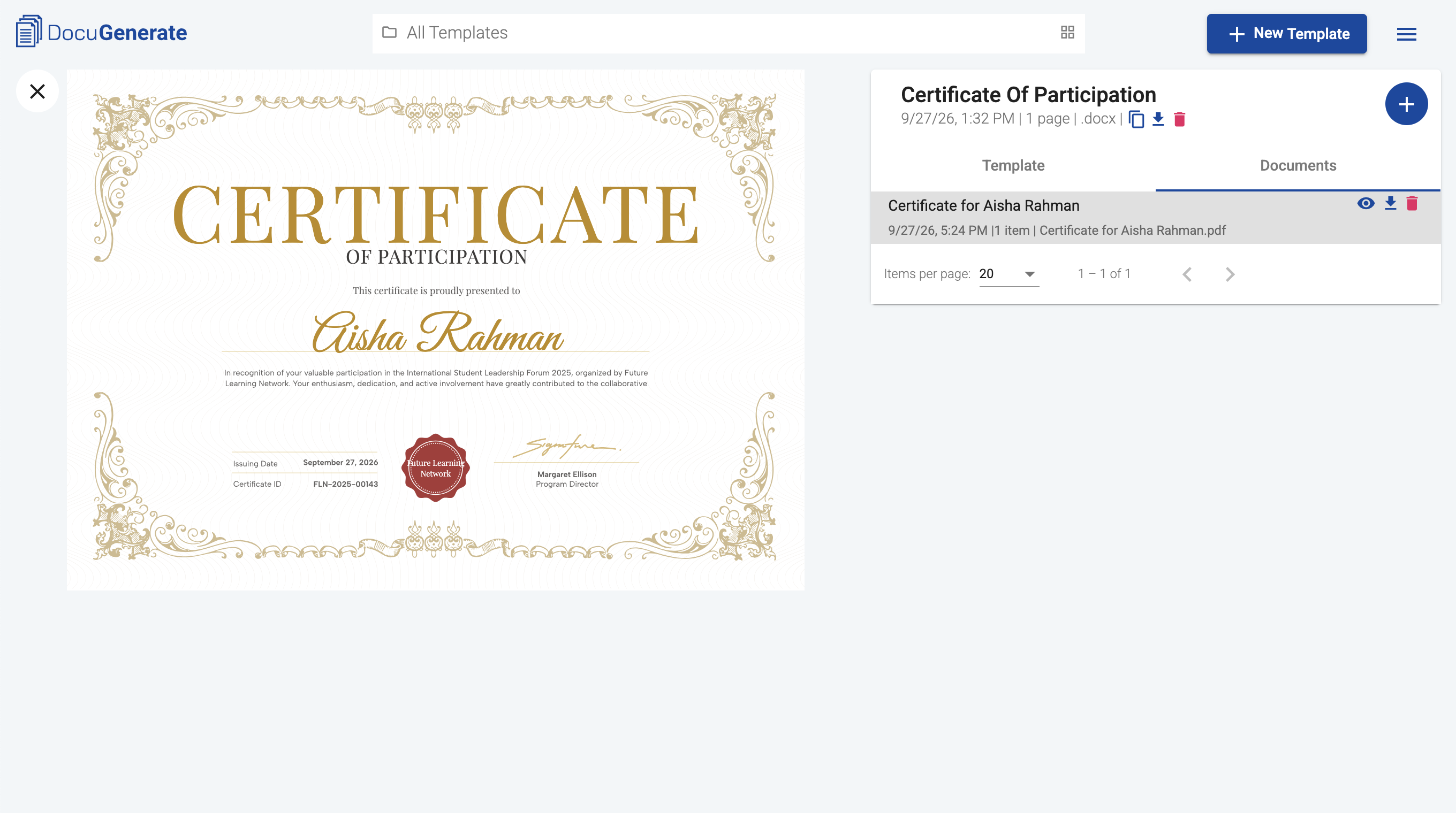 The generated certificate in DocuGenerate