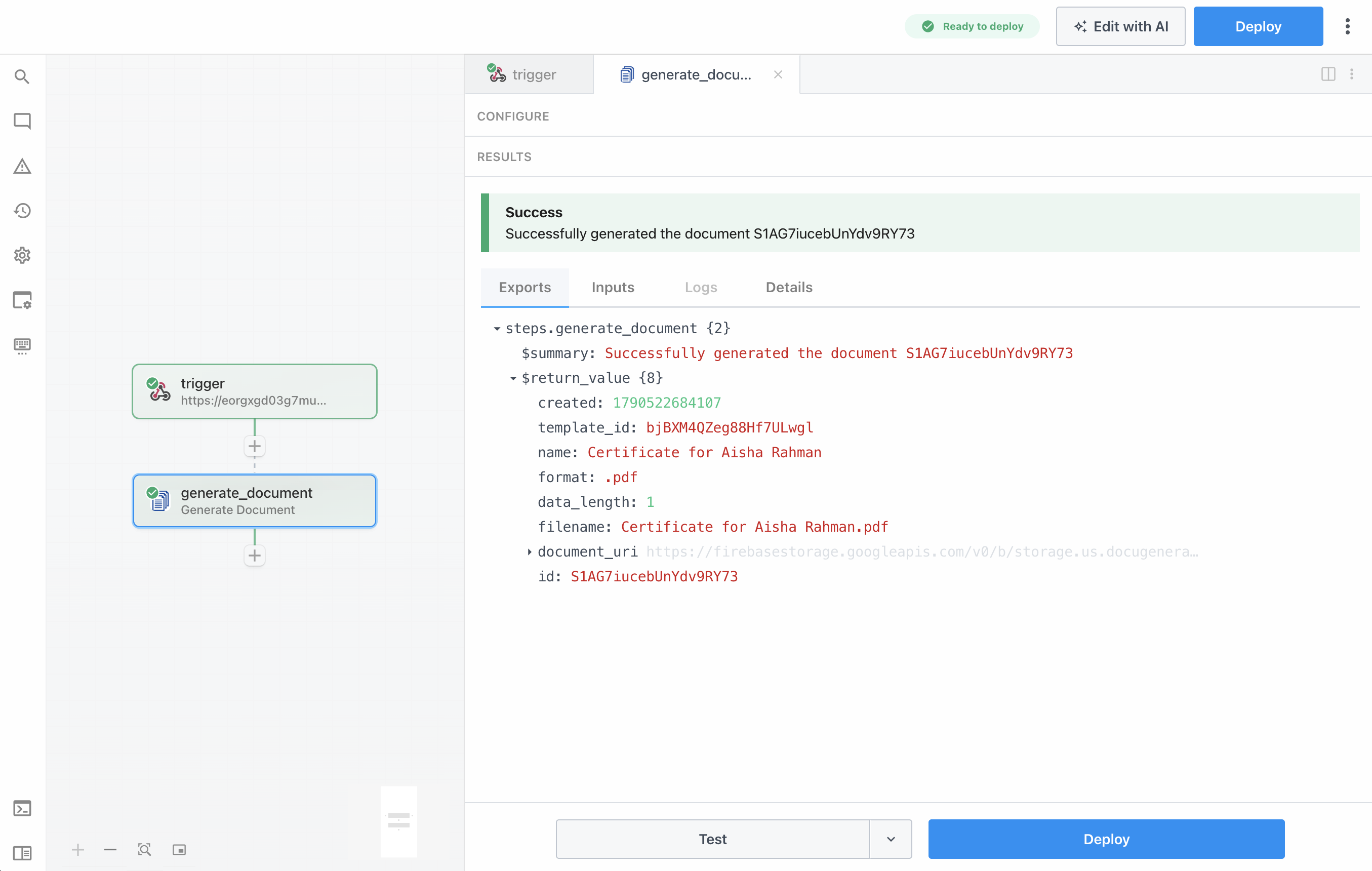 Generate Document action results in Pipedream