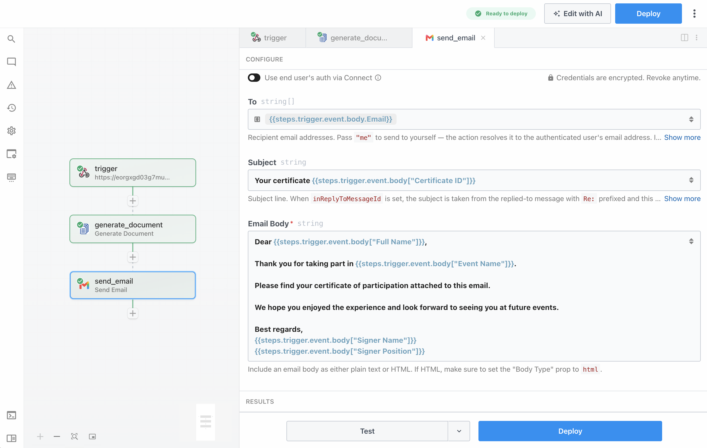 Configuring the Gmail Send Email action