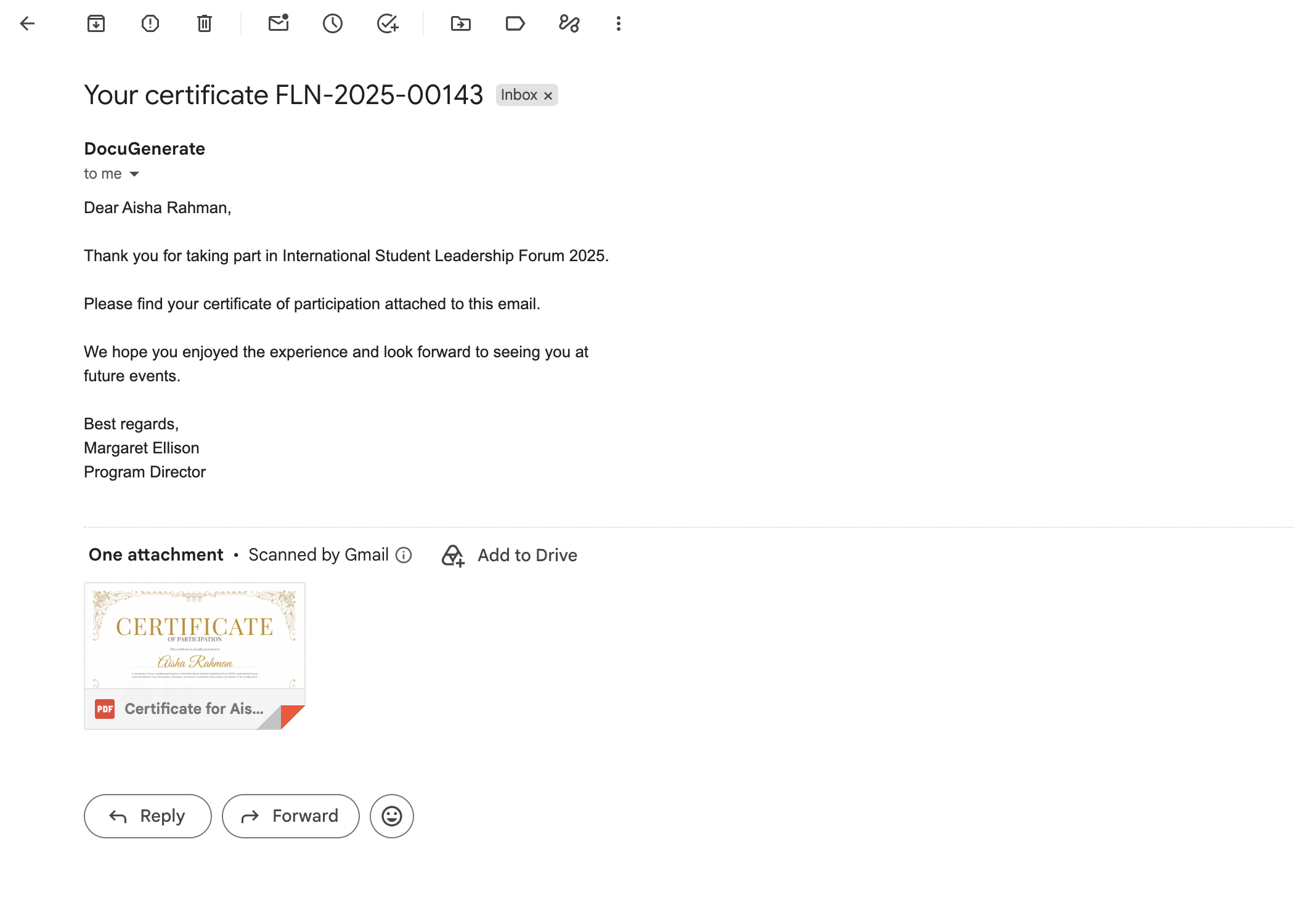 The email received with the certificate attached