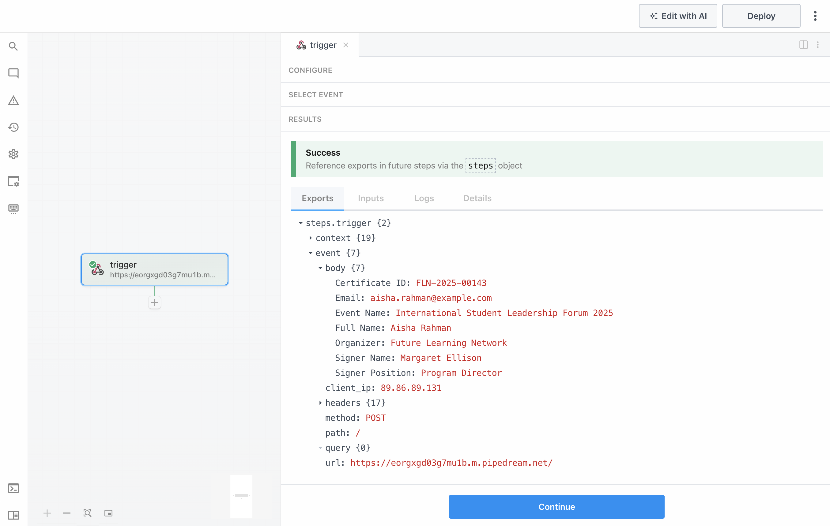 Webhook trigger results showing the request body