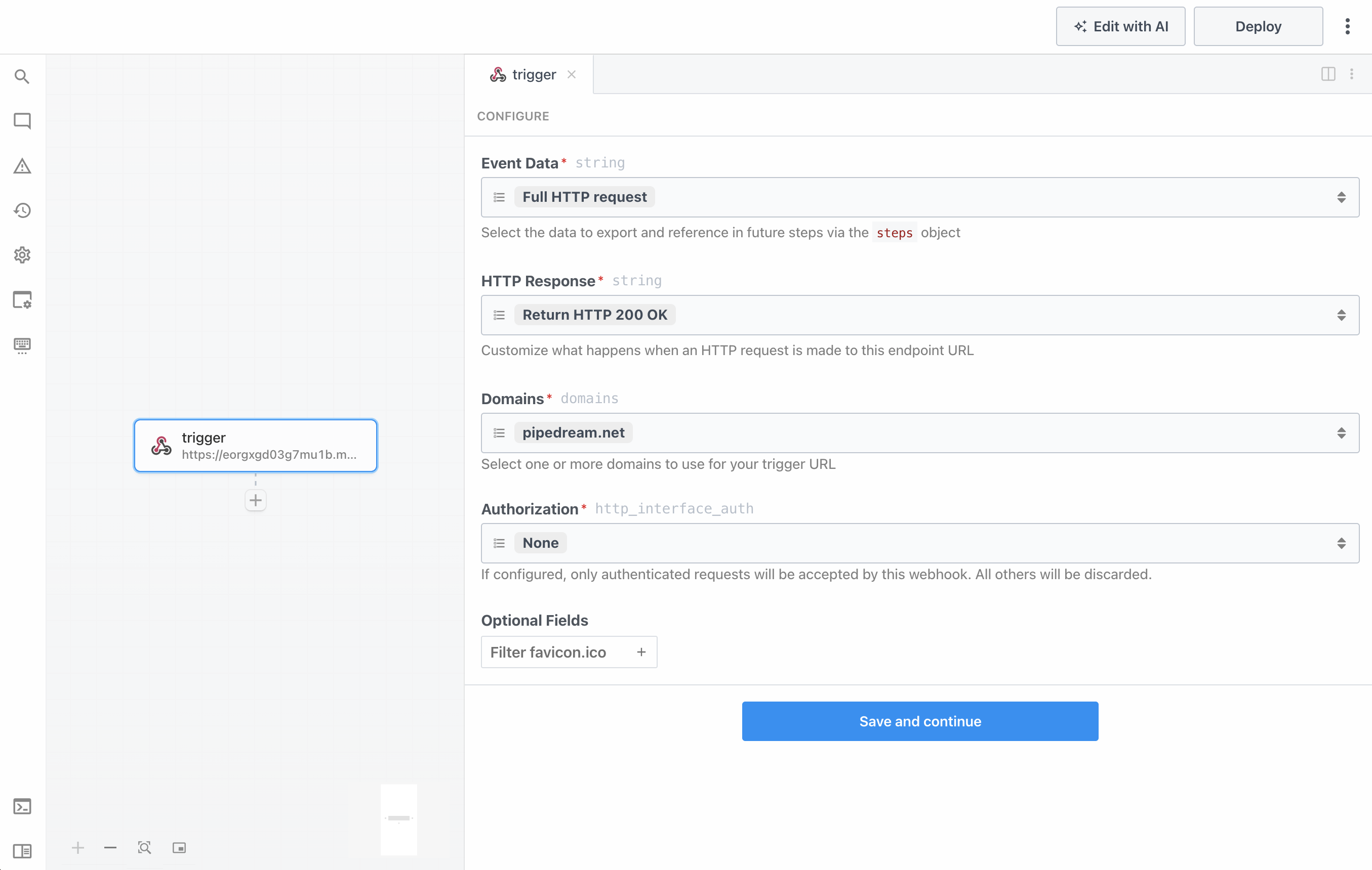 Configuring the HTTP / Webhook trigger in Pipedream