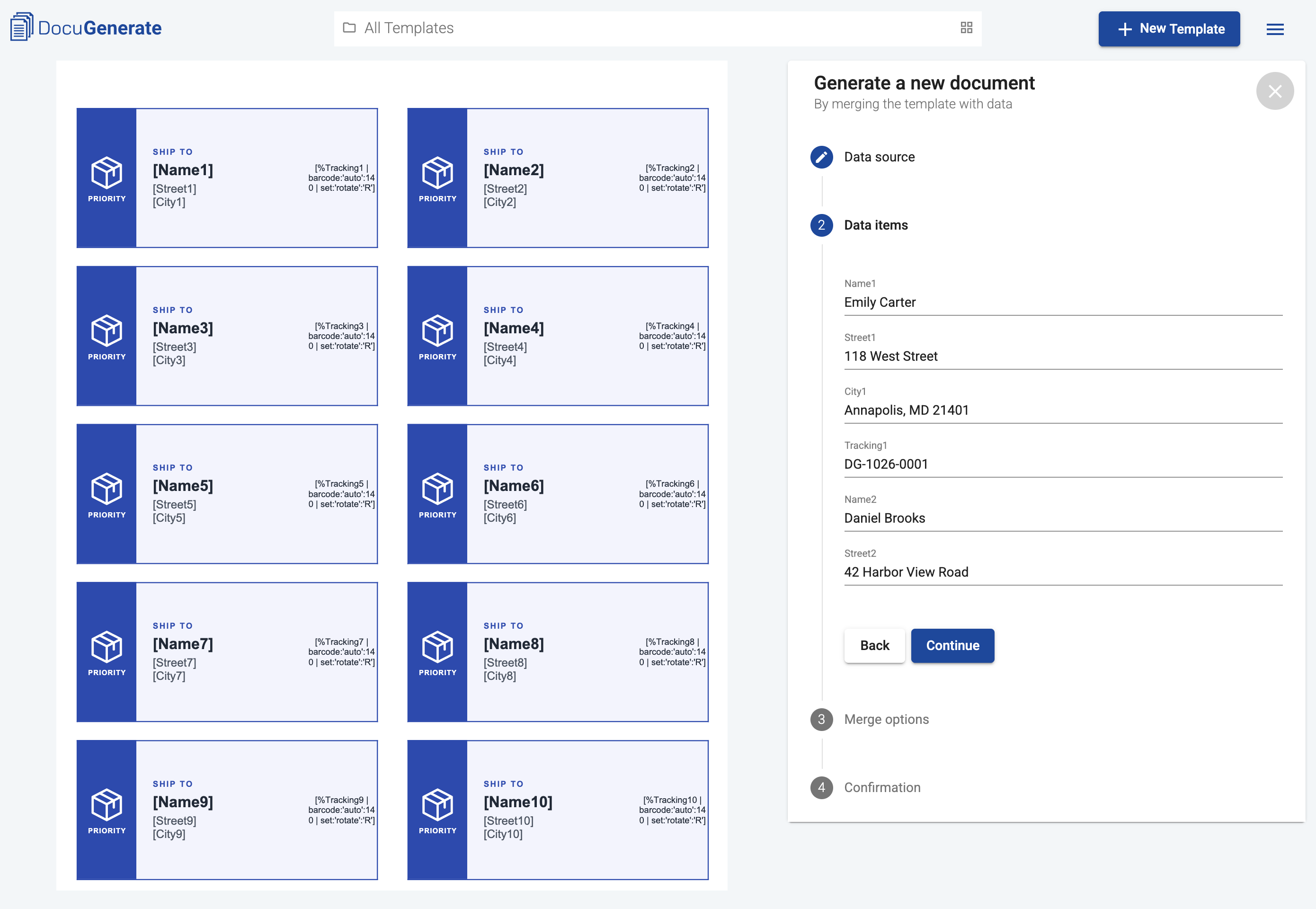 Form with input fields for each label in the grid template